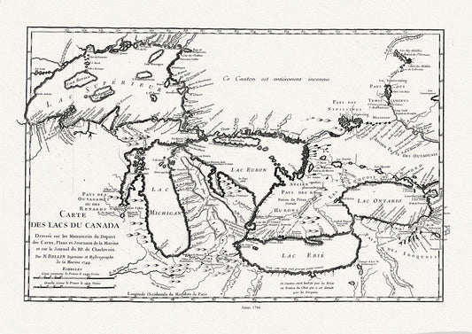 Bellin, Carte des lacs du Canada, Dressée sur les manuscrits du depost des cartes,1744, map on heavy cotton canvas, 50x70cm  approx. - Image #1