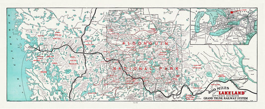 Algonquin-Haliburton: Grand Trunk Railway, Historic Algonquin Park Map, 1906, map on heavy cotton canvas, 22x27" approx. - Image #1
