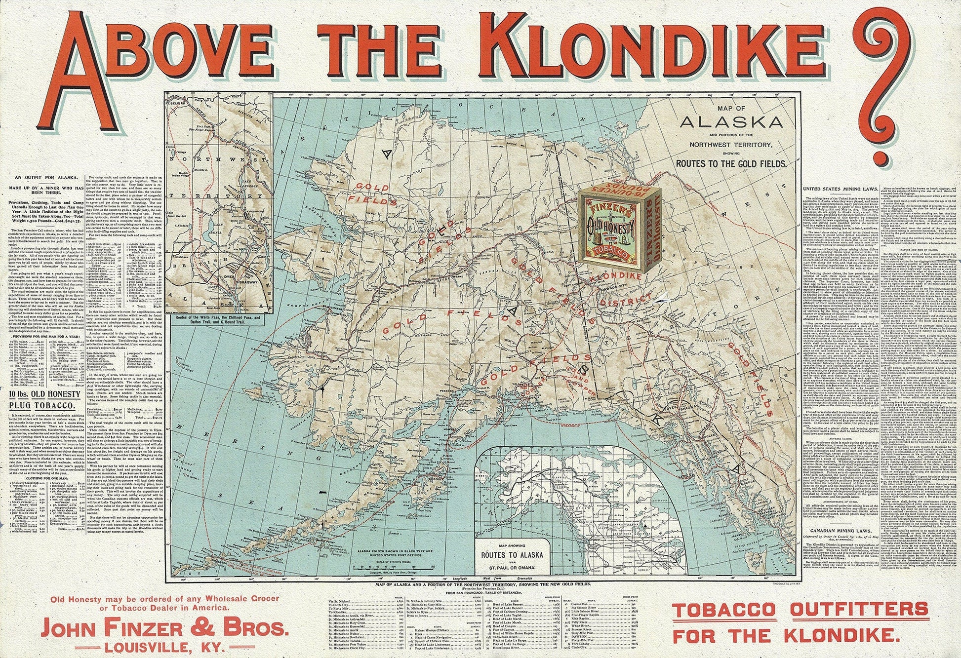 Above the Klondike Map of Alaska and Portions of the Northwest Territory, 1898, Map on heavy canvas, 22x27" approx. - The Map Chest