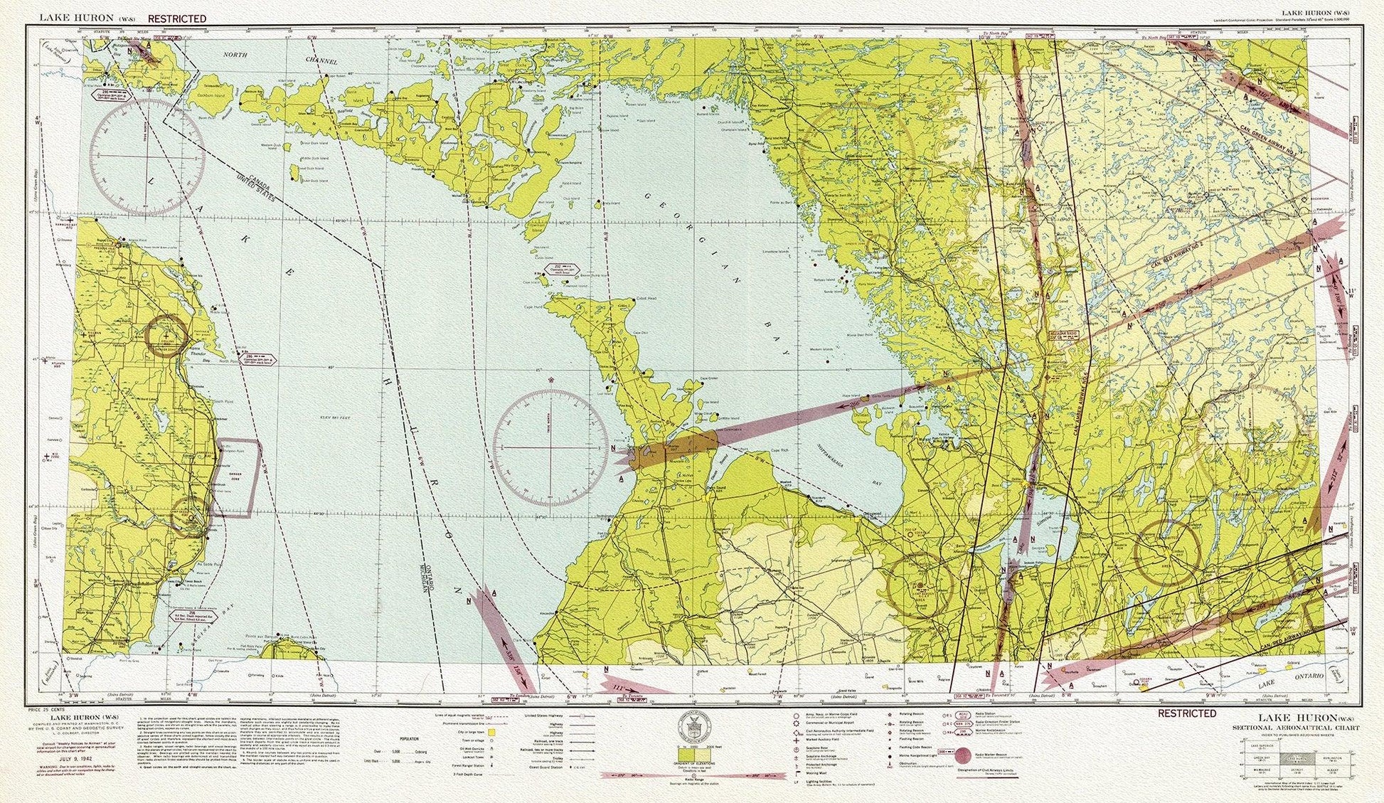 Aeronautical Chart, Ontario, Lake Huron Section, 1942, map on heavy cotton canvas, 20 x 27" approx. - The Map Chest