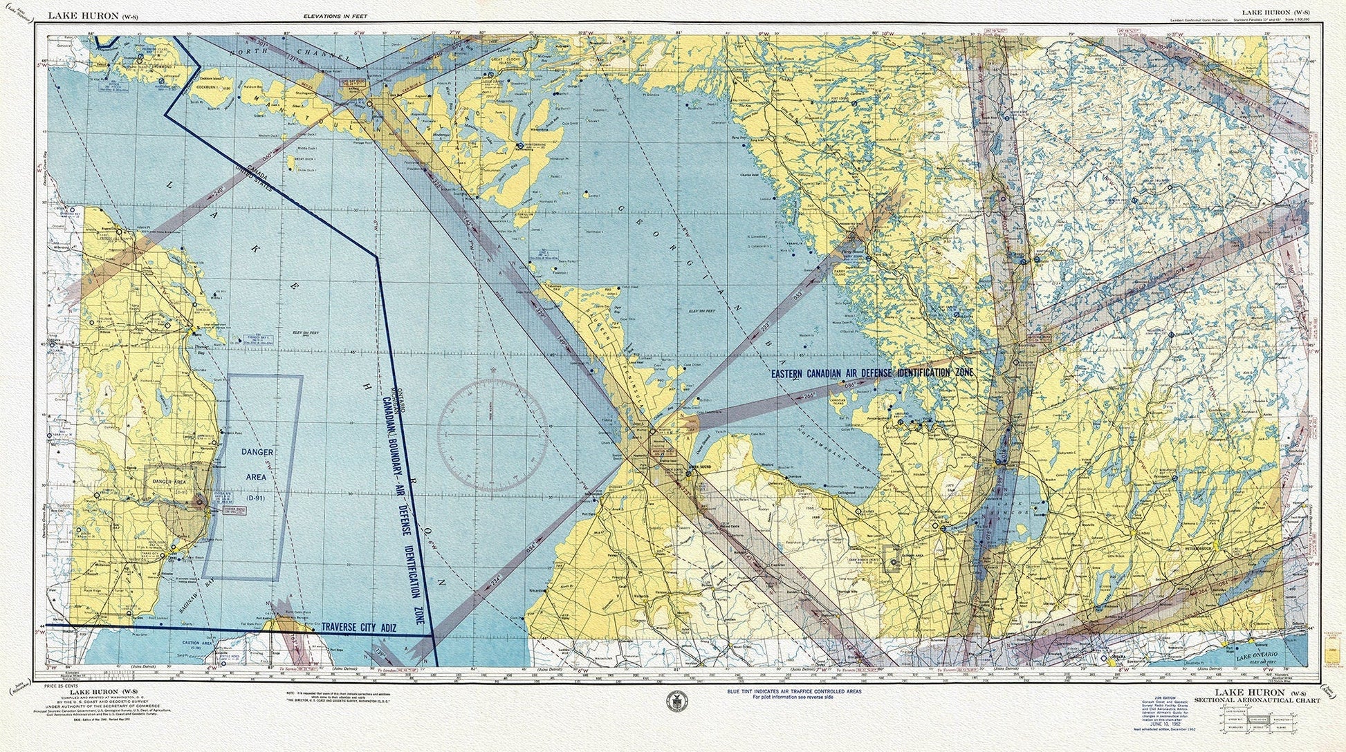 Aeronautical Chart, Ontario, Lake Huron Section, 1952 , map on heavy cotton canvas, 20 x 27" approx. - The Map Chest