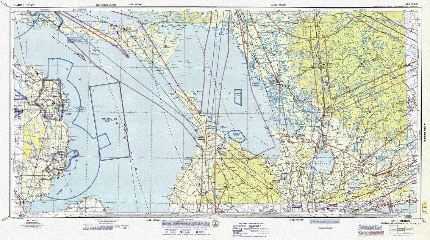 Aeronautical Chart, Ontario, Lake Huron Section, 1970, map on heavy cotton canvas, 20 x 27" approx. - The Map Chest