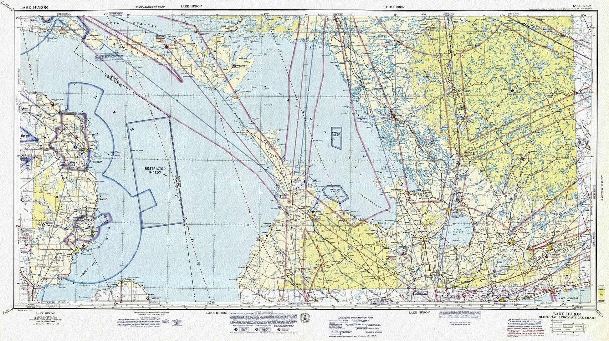 Aeronautical Chart, Ontario, Lake Huron Section, 1970, map on heavy cotton canvas, 20 x 27" approx. - The Map Chest