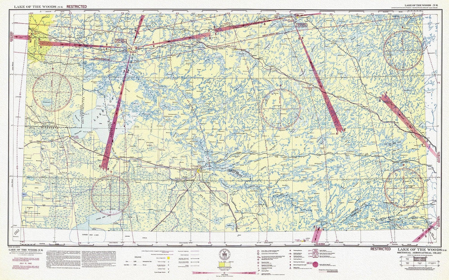 Aeronautical Chart, Ontario, Lake of the Woods Section, 1942, map on heavy cotton canvas, 20 x 27" approx. - The Map Chest