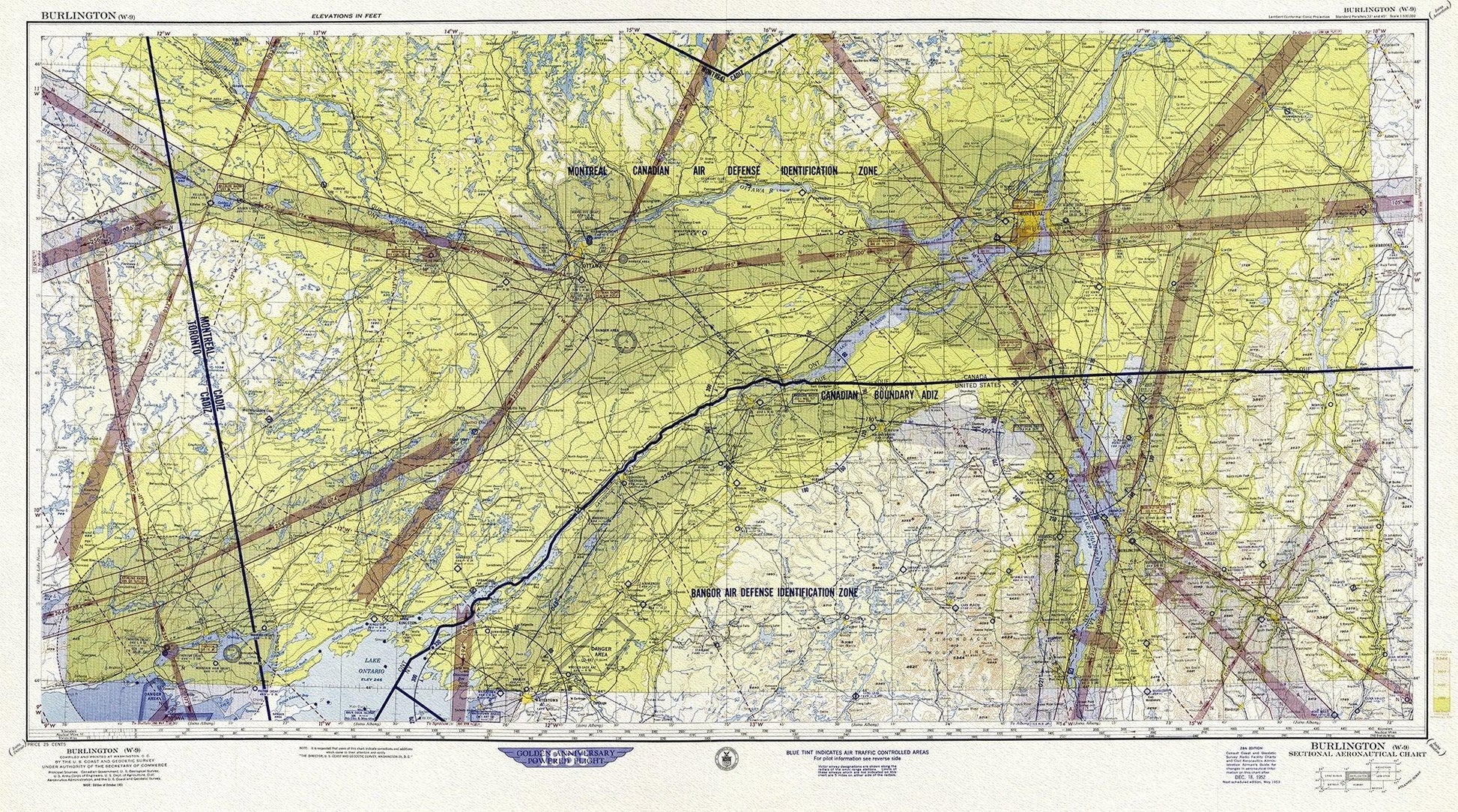 Aeronautical Chart, Ontario, South Eastern Section, 1952 , map on heavy cotton canvas, 20 x 27" approx. - The Map Chest