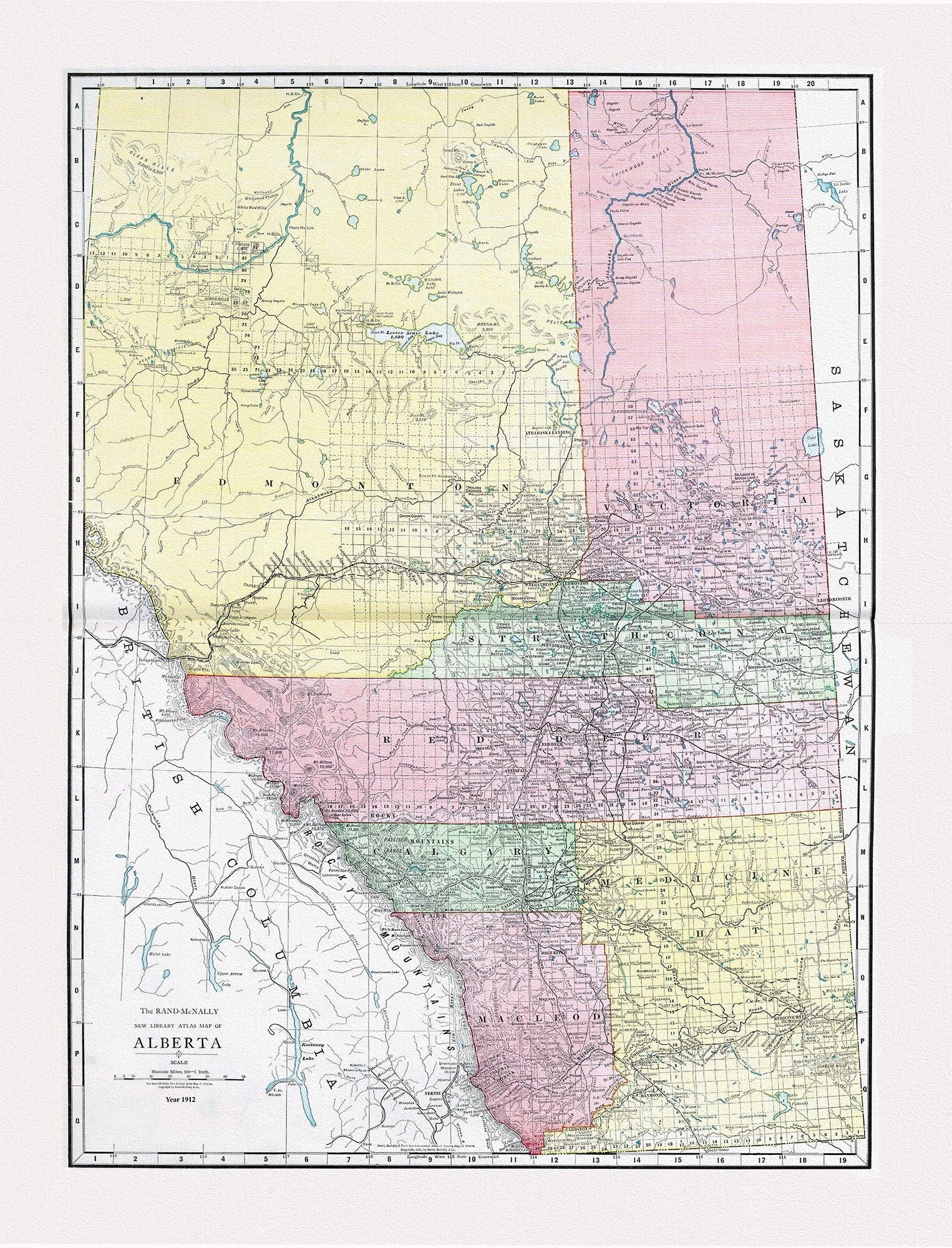Alberta, Rand McNally and Company, 1912, map on heavy cotton canvas, 20x27" approx. - The Map Chest