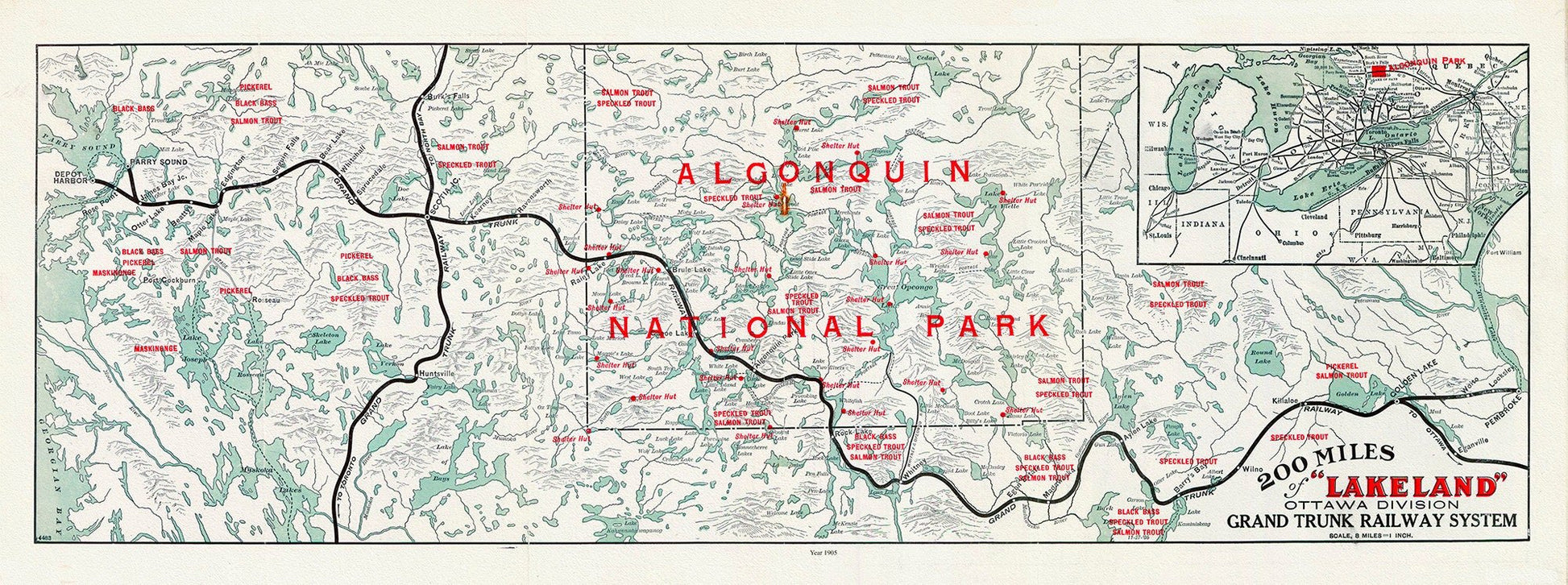 Algonquin: Grand Trunk Railway, Historic Algonquin Park Map, 1905, map on heavy cotton canvas, 22x27" approx. - The Map Chest