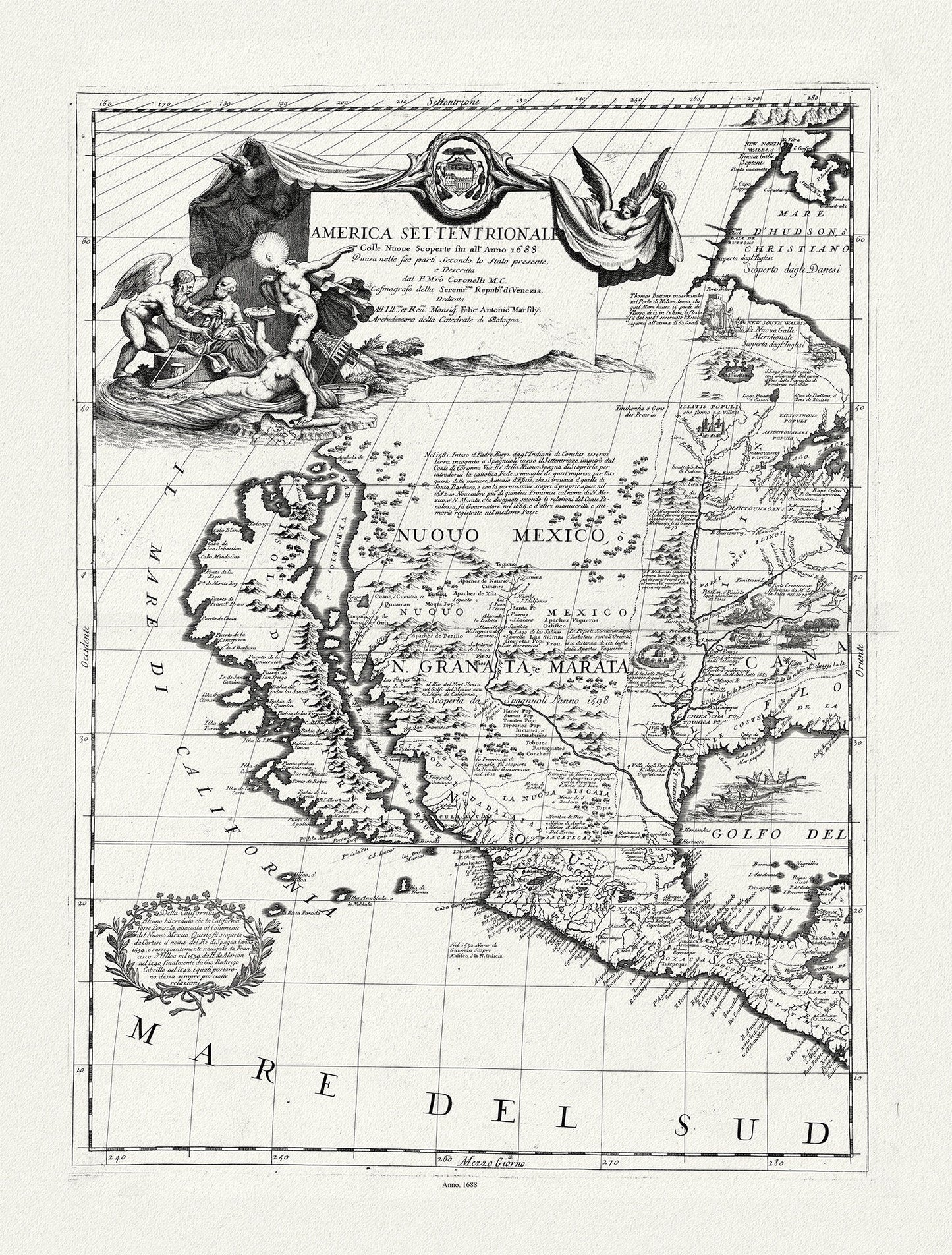 America Settentrionale colle nuoue scoperte fin al'anno 1688, diuisa nelle sue parti secundo lo stato.1688.Coronelli, canvas, 20 x 25" - The Map Chest