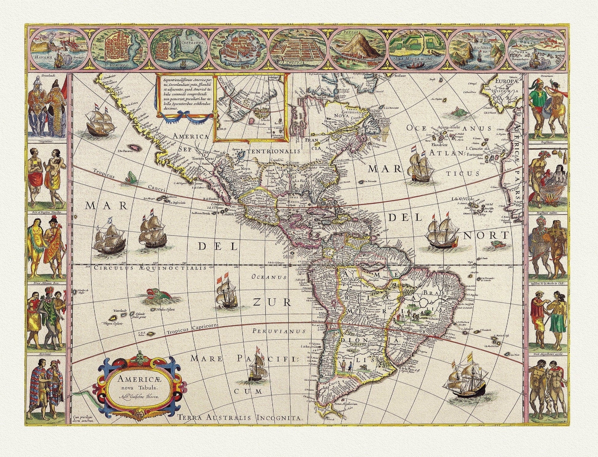 America with those known parts in that unknowne worlde both people and manner of buildings, 1662, 22x27" approx., on heavy cotton canvas - The Map Chest