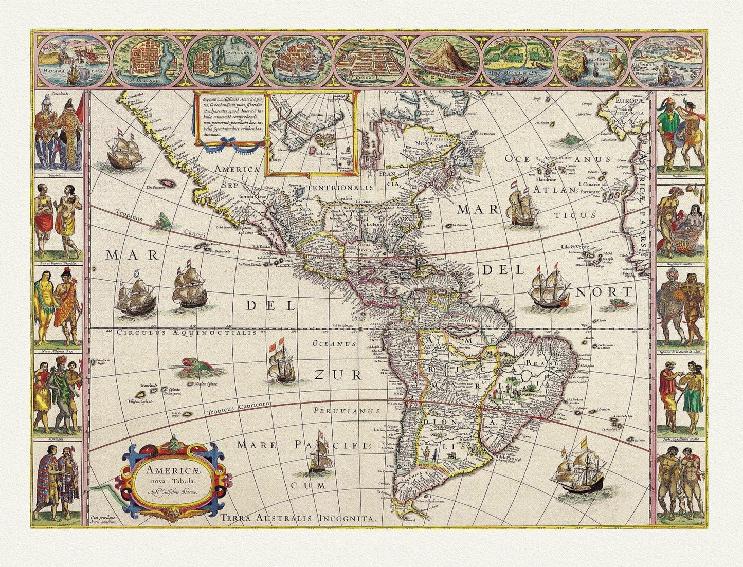 America with those known parts in that unknowne worlde both people and manner of buildings, 1662, 22x27" approx., on heavy cotton canvas - The Map Chest