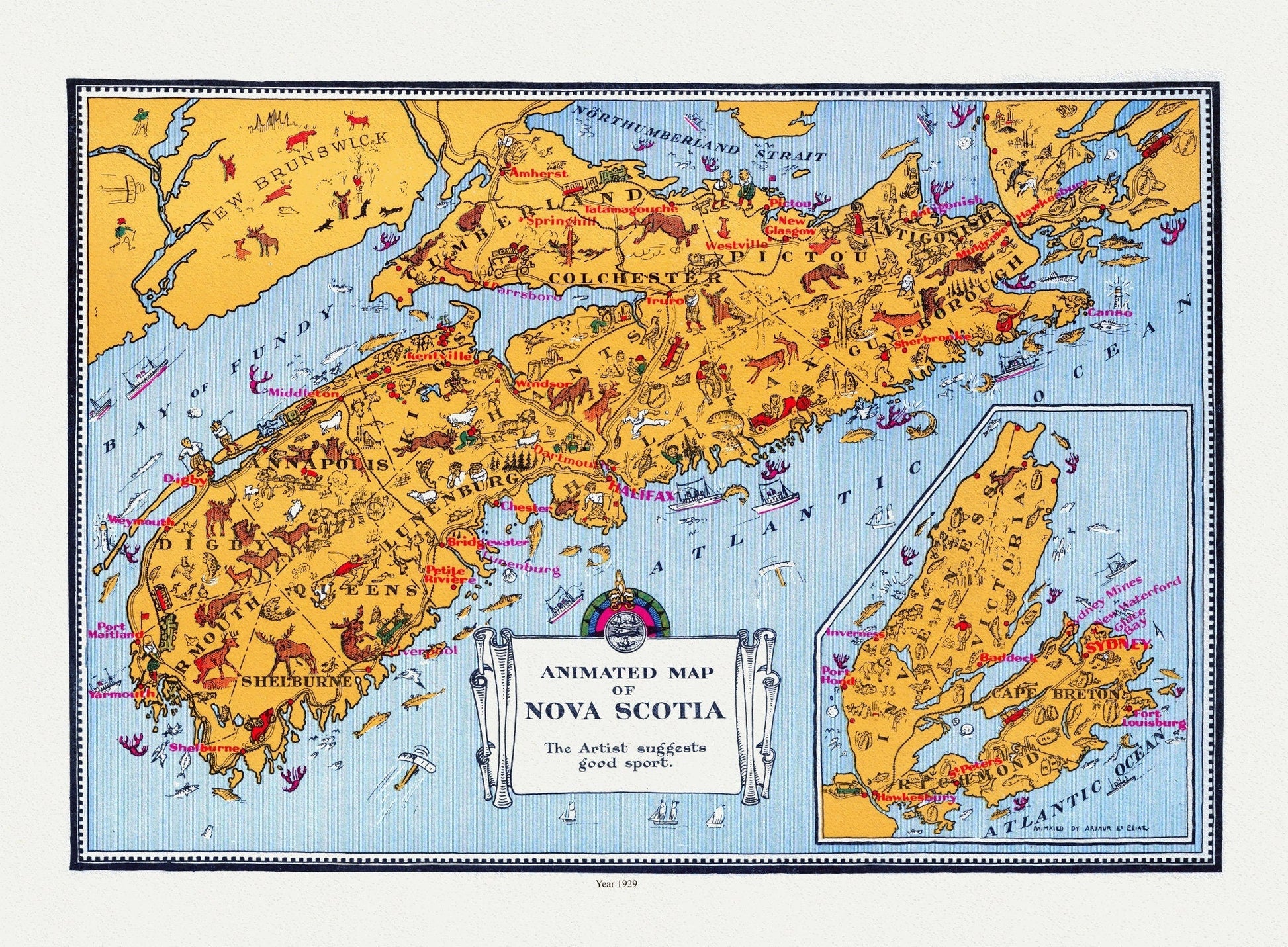 An Animated Map of Nova Scotia, 1929, on heavy cotton canvas, 22x27" approx. - The Map Chest