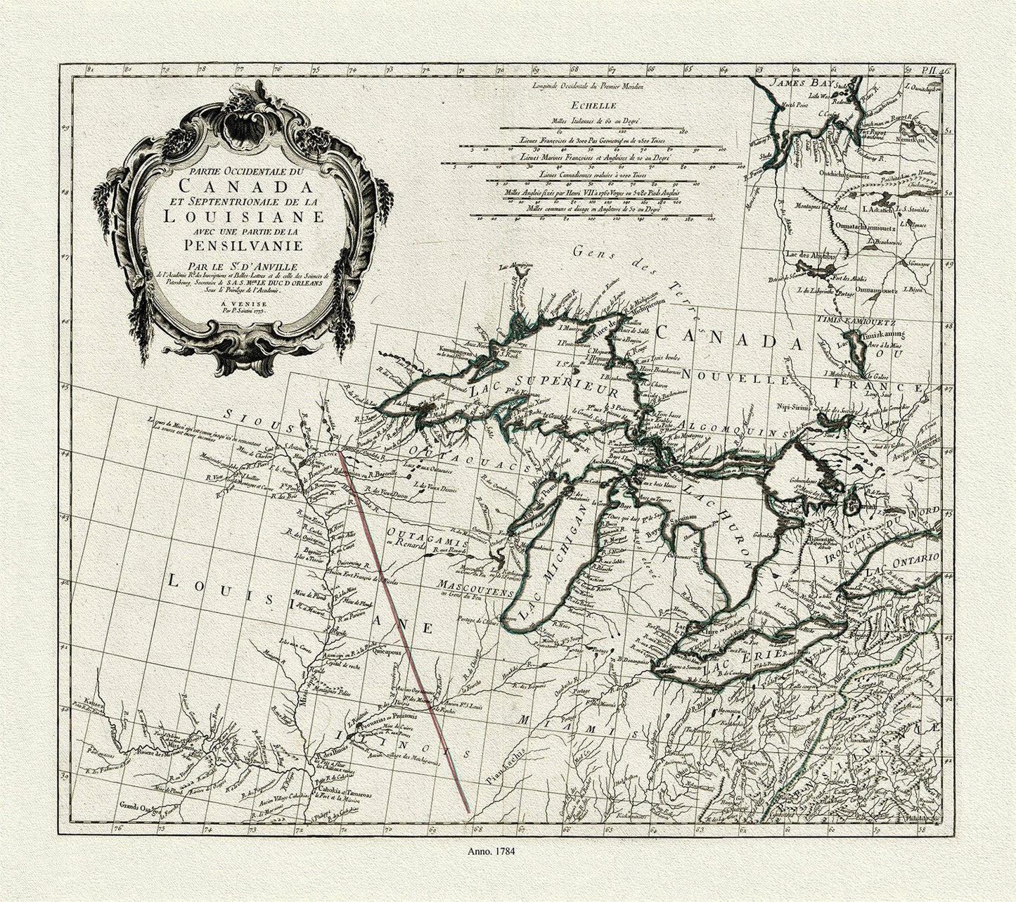Anville et al., Partie occidentale du Canada et septentrionale de la Louisiane avec une partie de la Pensilvanie, 1784 , on canvas 22x27" - The Map Chest