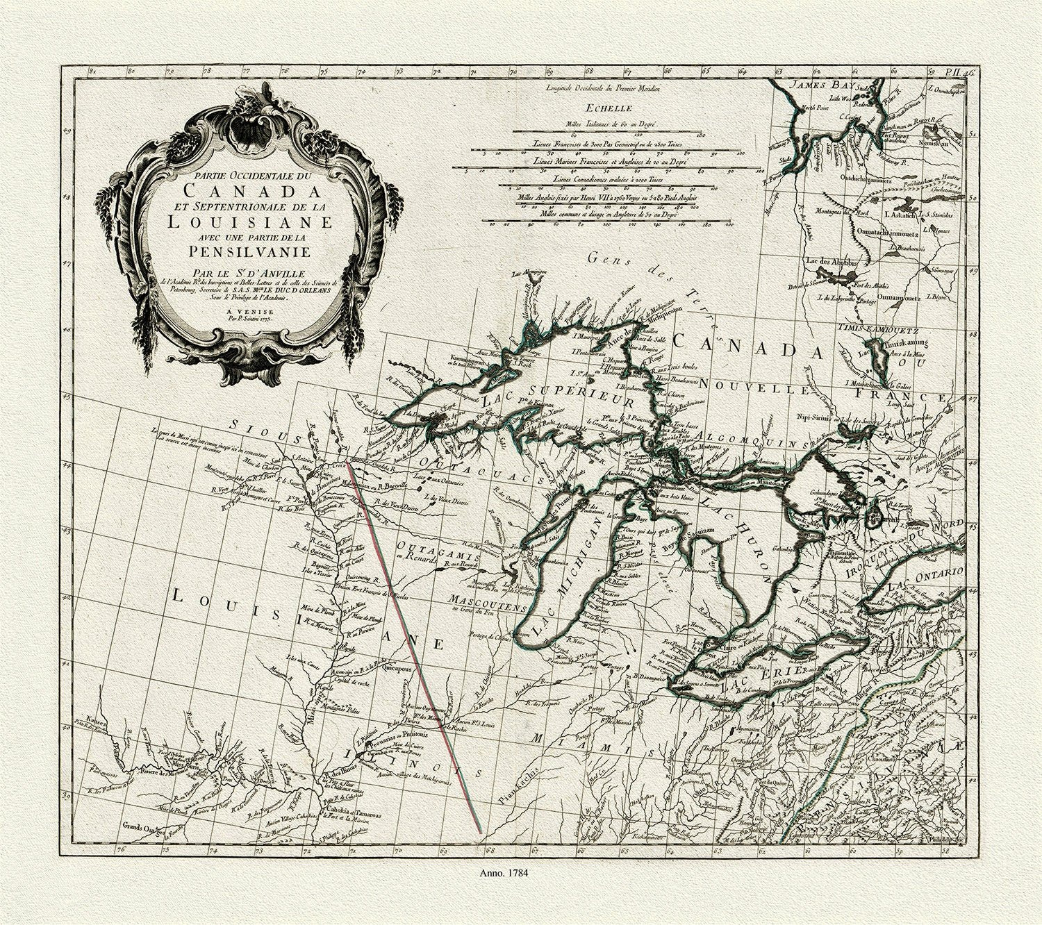 Anville et al., Partie occidentale du Canada et septentrionale de la Louisiane avec une partie de la Pensilvanie, 1784 , on canvas 22x27" - The Map Chest