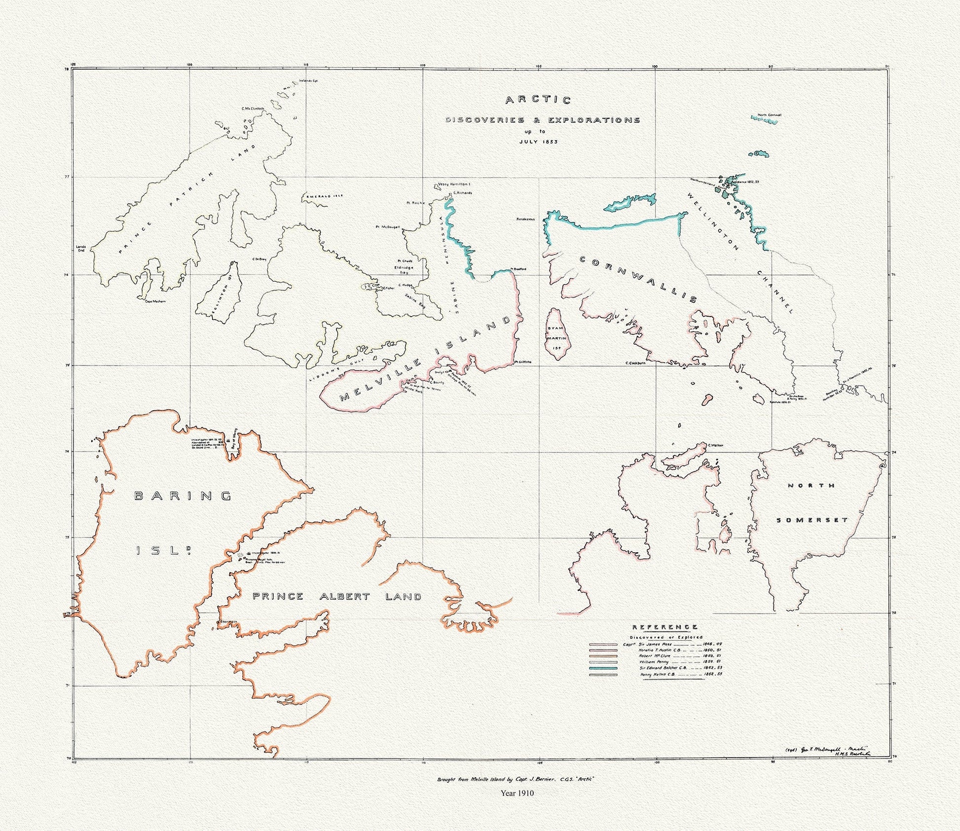 Arctic discoveries and explorations up to July 1853, (1910), map on durable cotton canvas, 50 x 70 cm or 20x25" approx. - The Map Chest