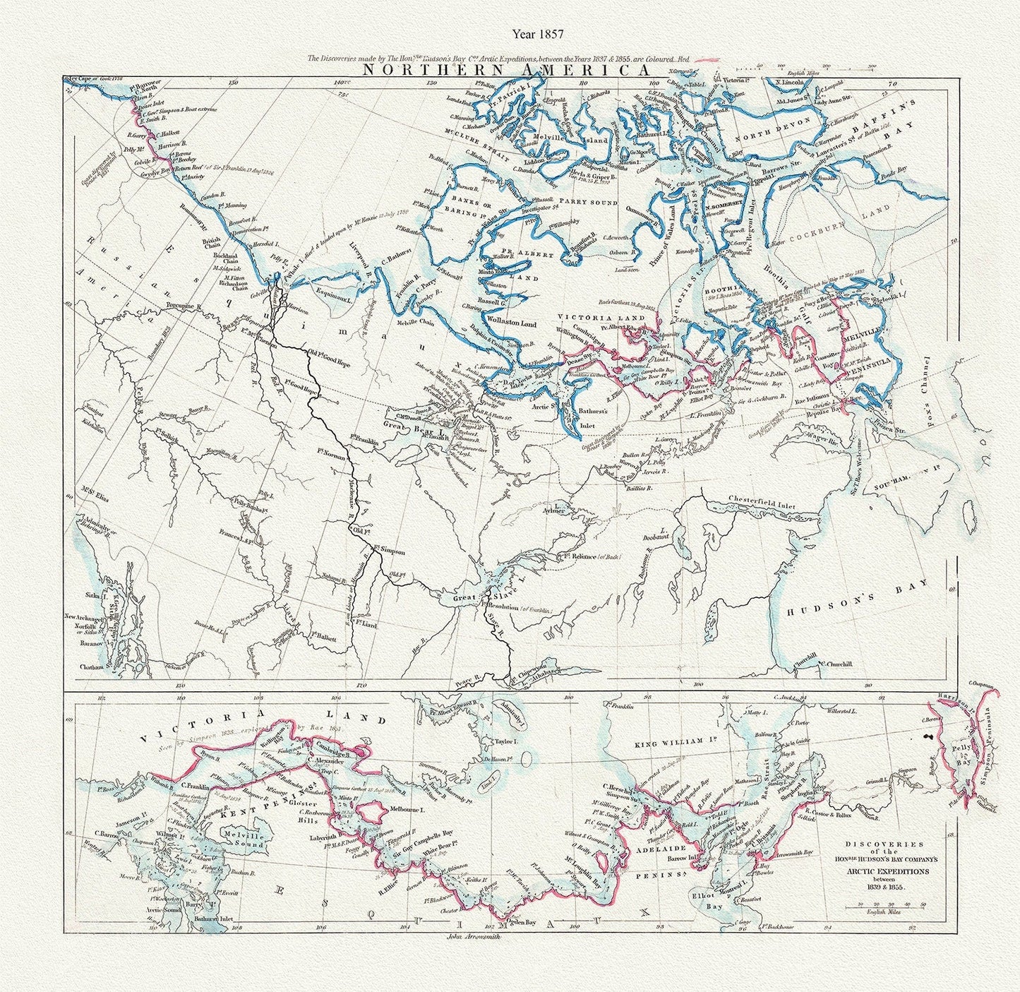 Arctic Expeditions in Northern America,1857, Arrowsmith auth., map on durable cotton canvas, 50 x 70 cm, 20 x 25" approx. - The Map Chest