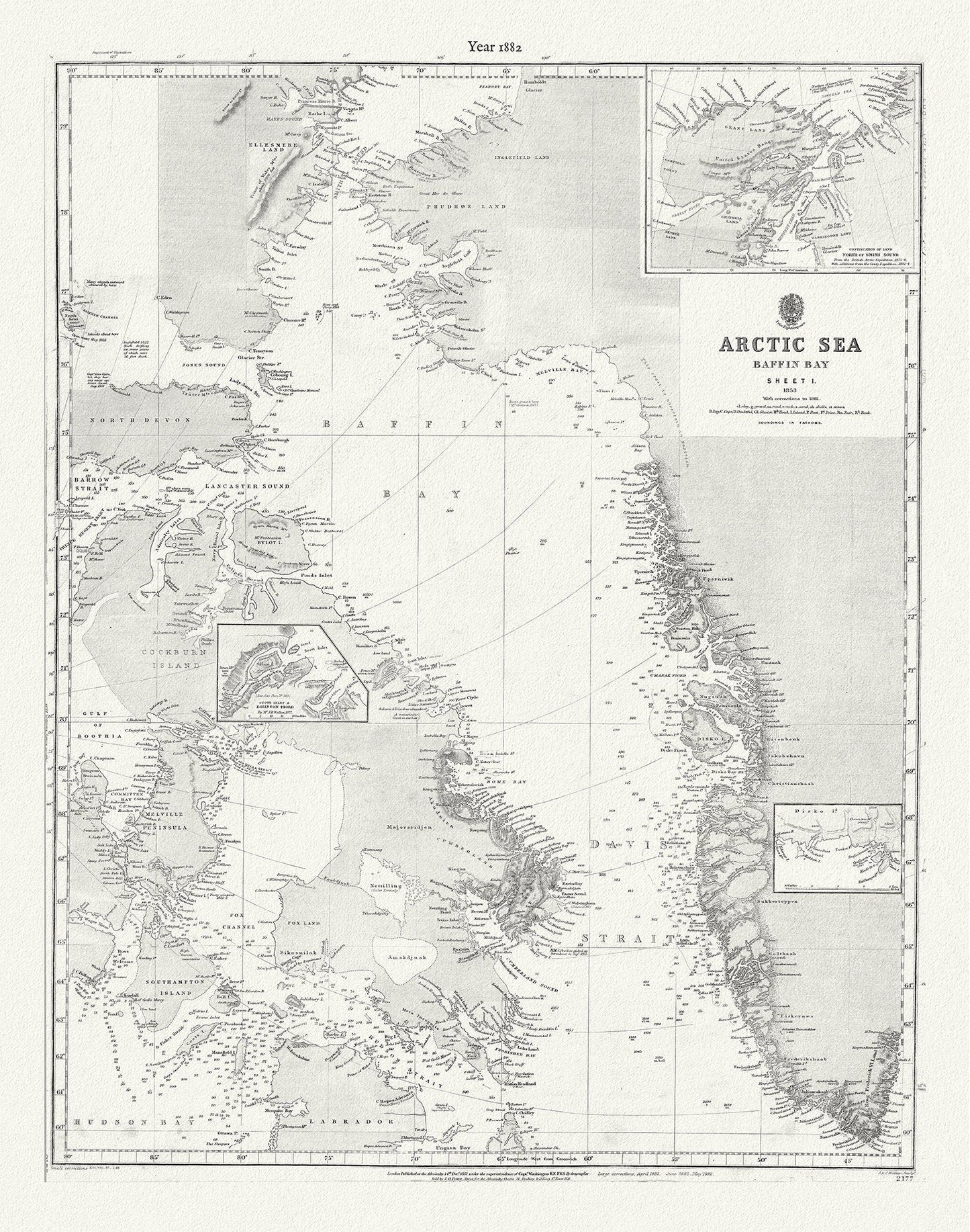 Arctic Sea. Baffin Bay, sheet 1 to 1853, with corrections to 1881, map on durable cotton canvas, 50 x 70 cm, 20 x 25" approx. - The Map Chest