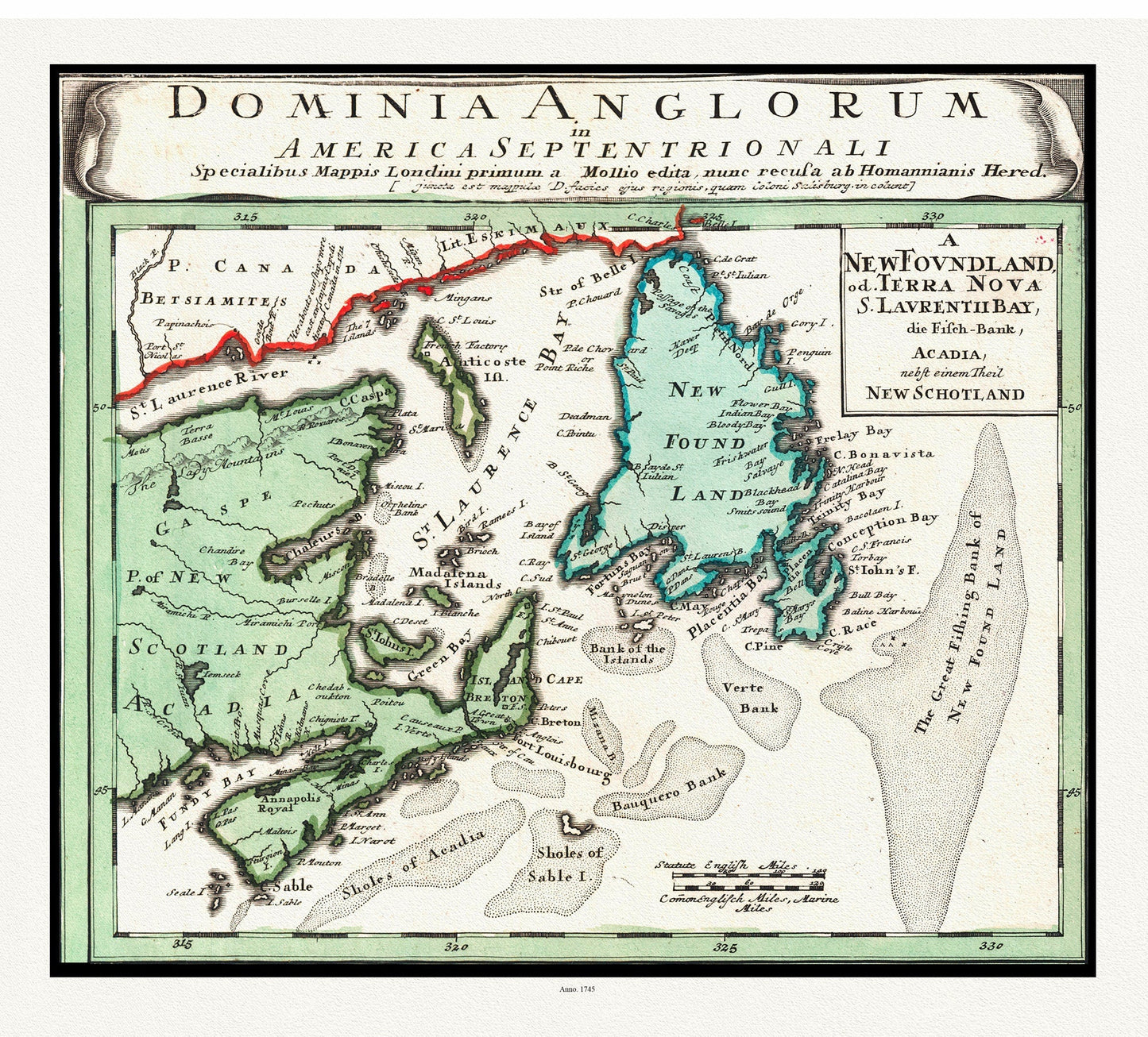 Atlantic Canada, Bellin auth., 1745 , map on heavy cotton canvas, 50 x 70cm, 20 x 25" approx. - The Map Chest