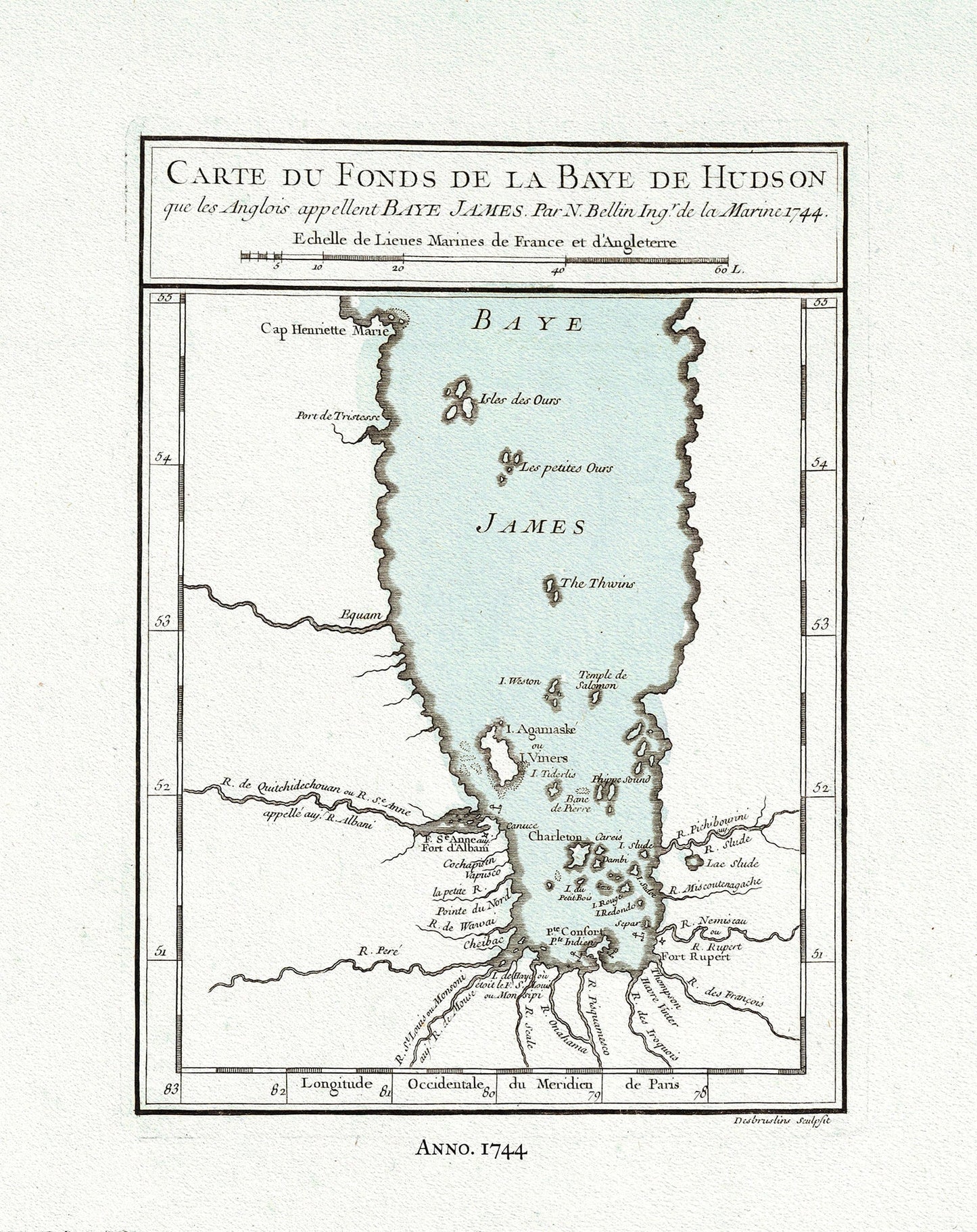 Bellin, Baye James, 1744, Map on heavy cotton canvas, 22x27" approx. - The Map Chest