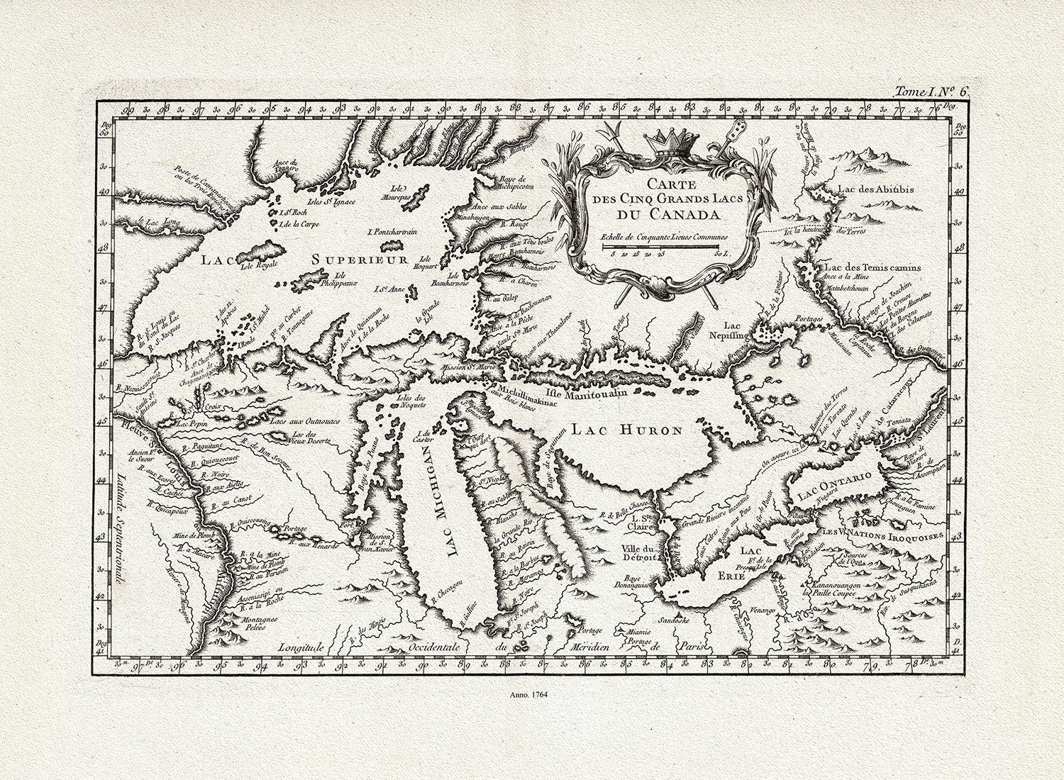 Bellin, Carte des Cinq Grande Lacs du Canada, 1764, map on heavy cotton canvas, 22x27" approx. - The Map Chest