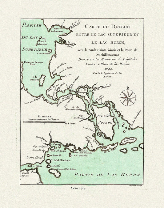 Bellin, Carte du Detroit entre le Lac Superieur et Huron, avec le Sault Ste. Marie, 1744, map on heavy cotton canvas, 22x27" approx. - The Map Chest