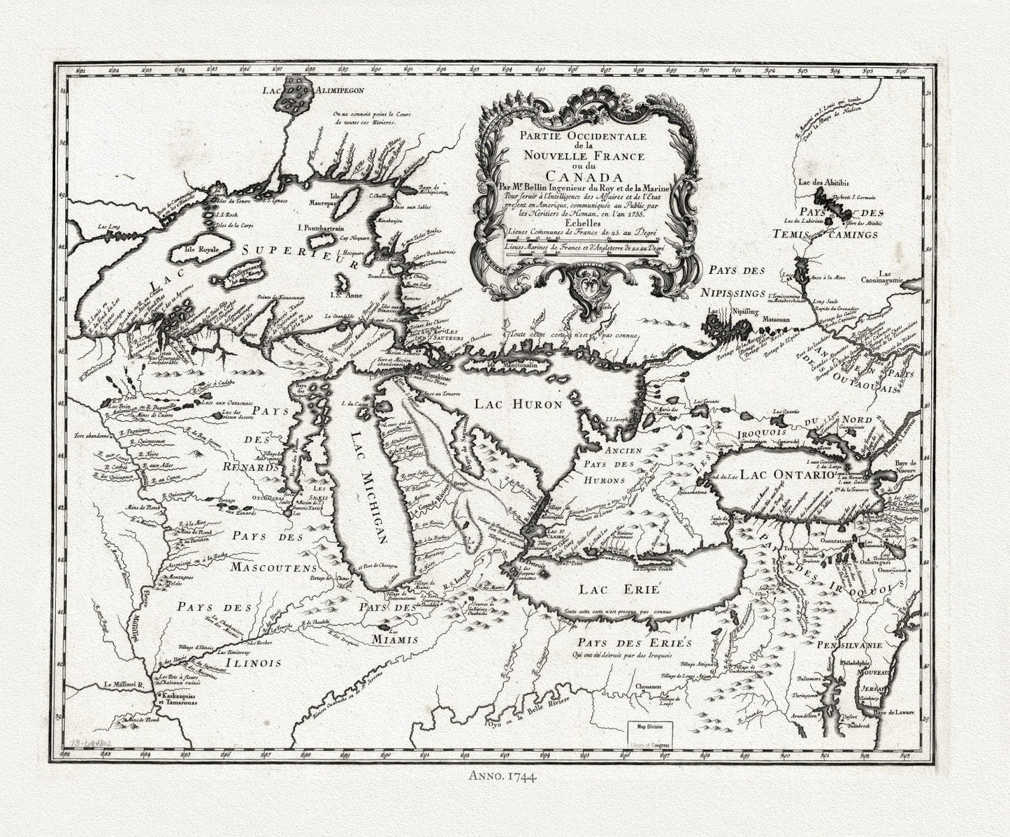 Bellin, Partie occidentale de la Nouvelle France ou du Canada, 1744 , map on heavy cotton canvas, 22x27" approx. - The Map Chest