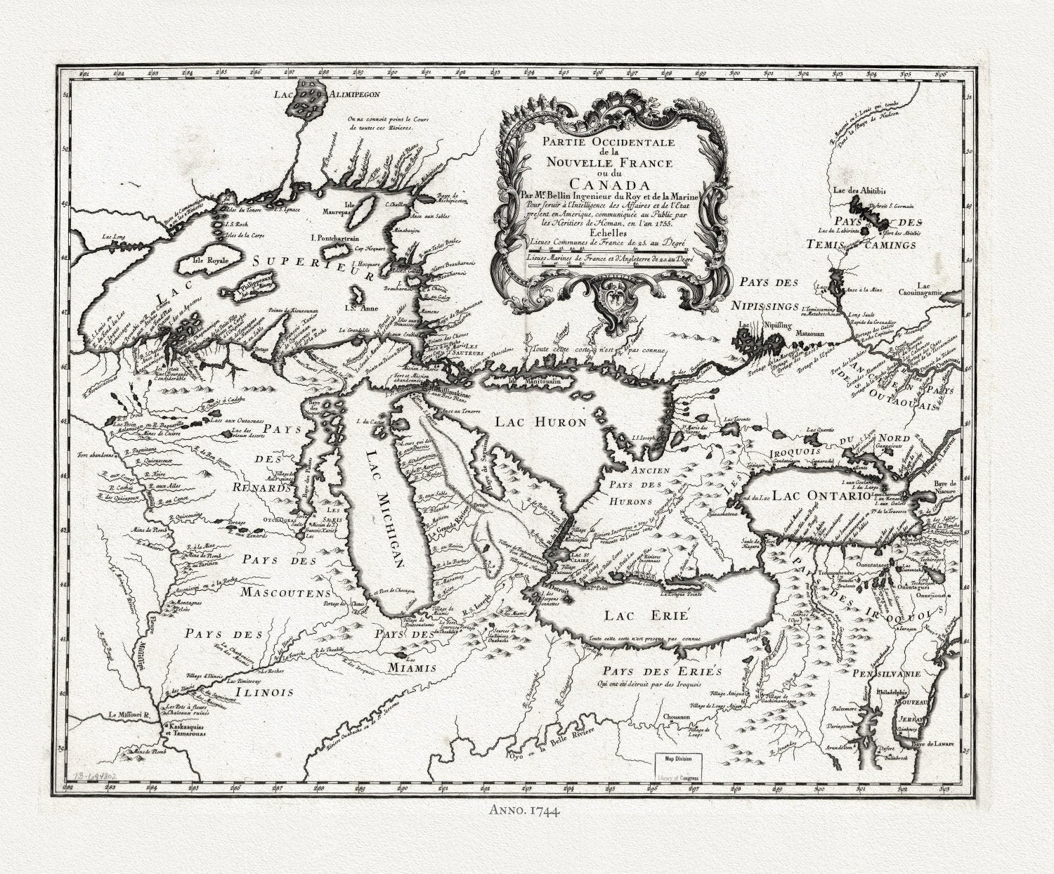 Bellin, Partie occidentale de la Nouvelle France ou du Canada, 1744 , map on heavy cotton canvas, 22x27" approx. - The Map Chest