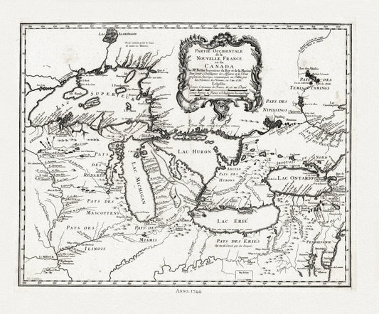 Bellin, Partie occidentale de la Nouvelle France ou du Canada, 1744 , map on heavy cotton canvas, 22x27" approx. - The Map Chest