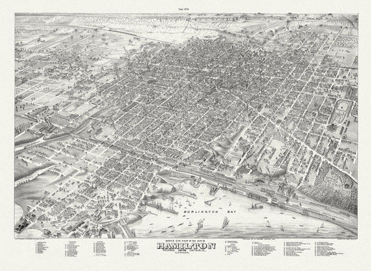 Bird's eye view of the City of Hamilton, Ontario, 1876 , map on durable cotton canvas, 50 x 70 cm, 20 x 25" approx. - The Map Chest