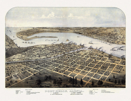 Birds eye view of the city of Port Huron, Sarnia, St. Clair Co., Michigan et Point Edwards, Lambton Co., Canada West, 1867, canvas, 22x27" - The Map Chest