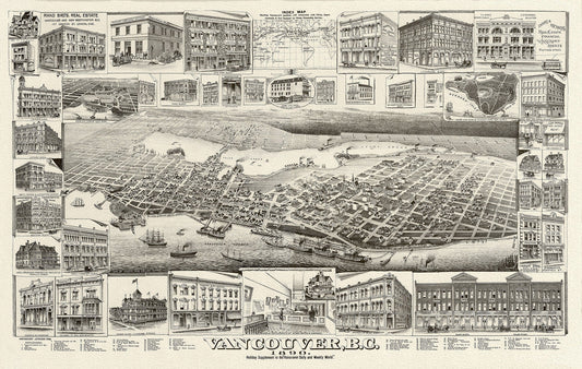 Birdseye View of Vancouver, British Columbia, 1890, on heavy canvas, 22x27" - The Map Chest