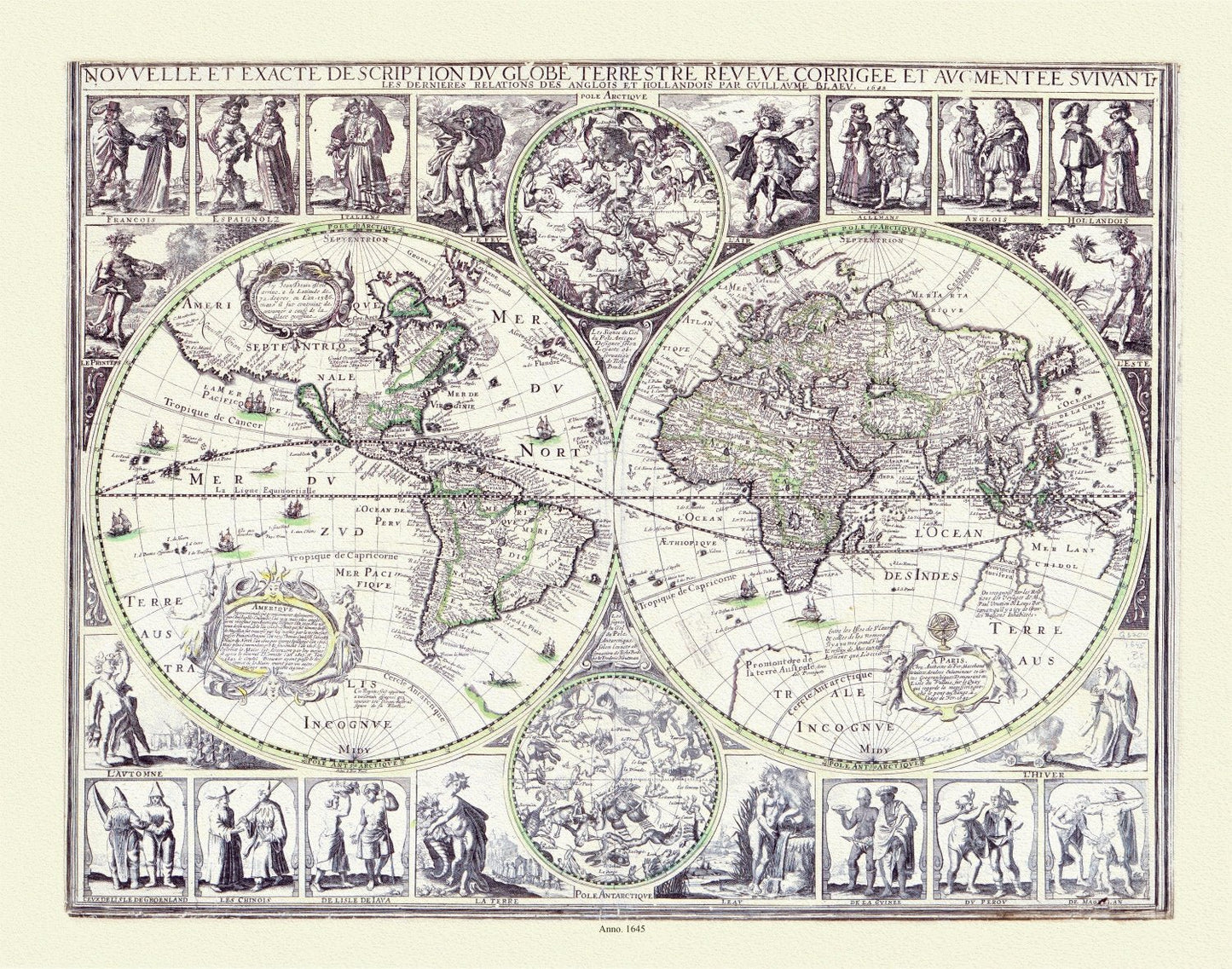 Blaue, Nouvelle et Exacte description du Globe Terrestre, 1645, Map on heavy cotton canvas, 22x27in. approx. - The Map Chest
