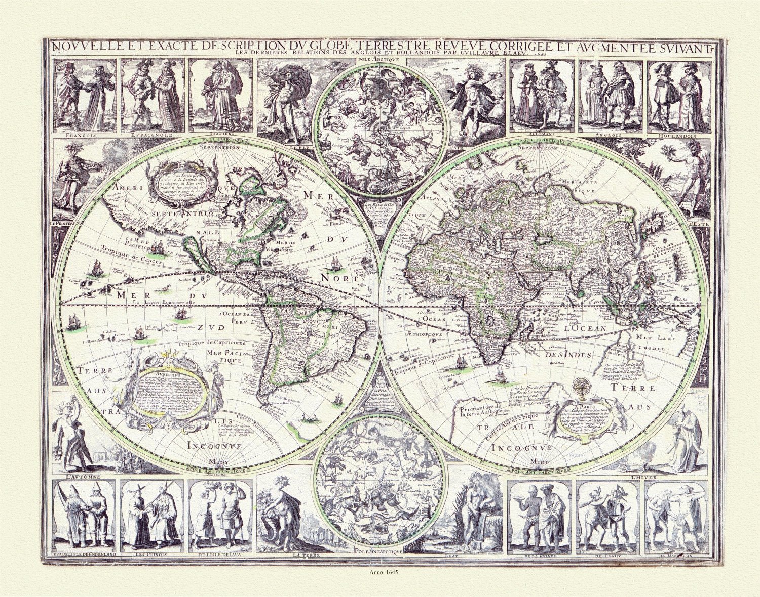 Blaue, Nouvelle et Exacte description du Globe Terrestre, 1645, Map on heavy cotton canvas, 22x27in. approx. - The Map Chest