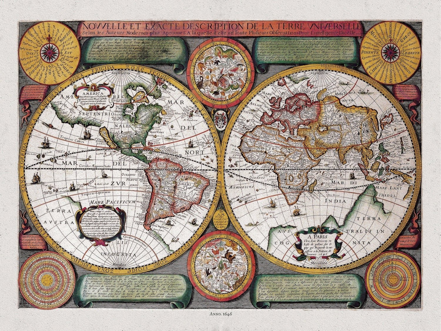 Boisseau, Nouvelle Exacte Description de la Terre Universelle, 1646 D, Map on heavy cotton canvas, 22x27in. approx. - The Map Chest