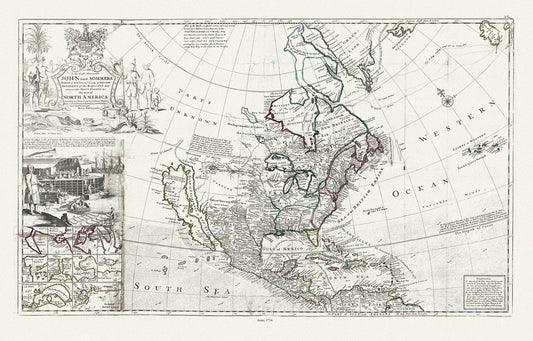 Bowles, Moll et Virtue, This map of North America, according to ye newest and most exact observations, 1712 , map on heavy canvas, 22x27" - The Map Chest