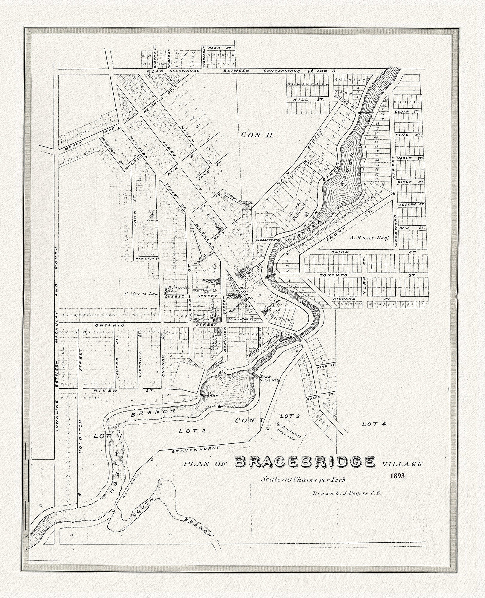 Bracebridge, Muskoka Region, 1893, map on durable cotton canvas, 50 x 70 cm or 20x25" approx. - The Map Chest