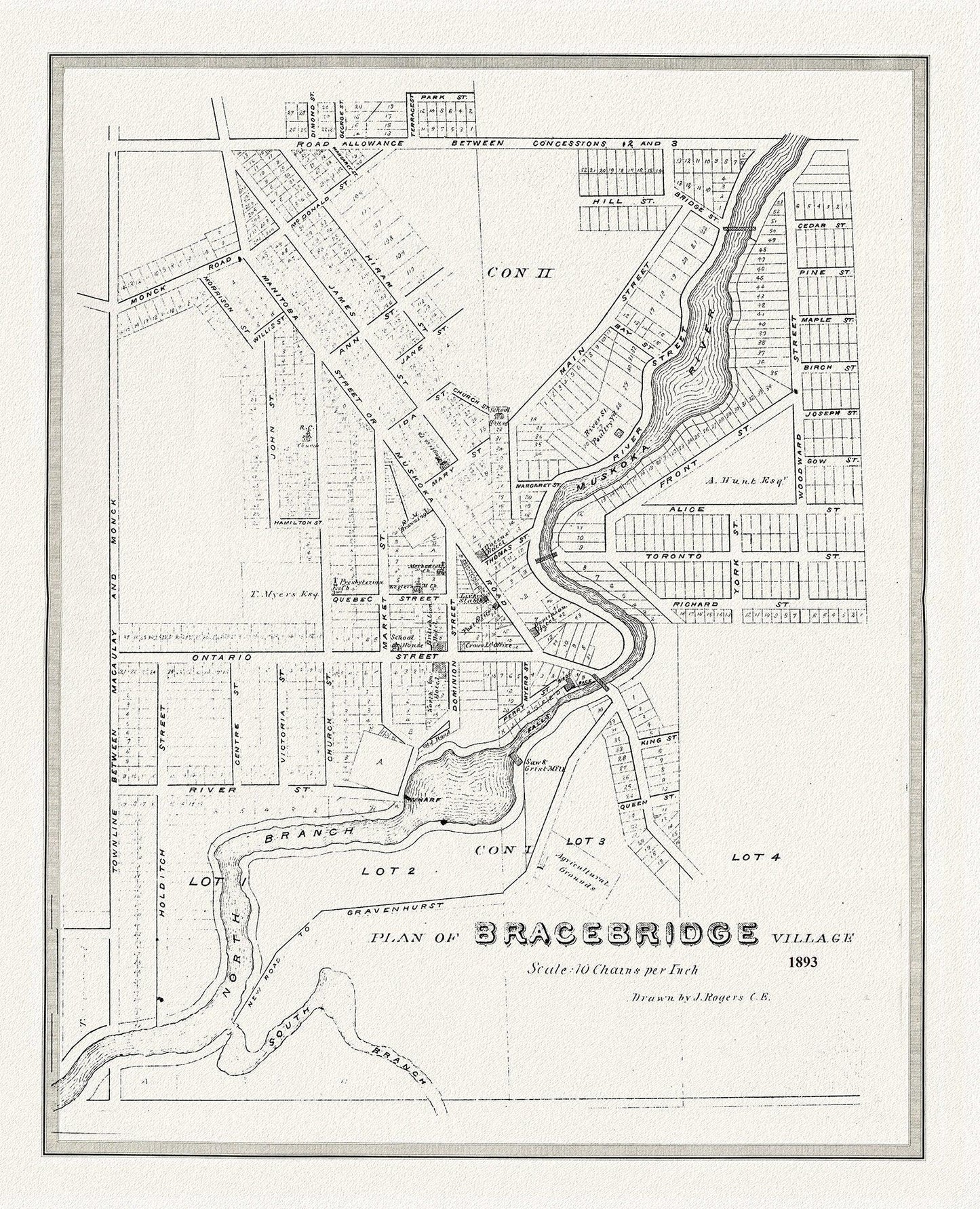 Bracebridge, Muskoka Region, 1893, map on heavy cotton canvas, 22x27" approx. - The Map Chest