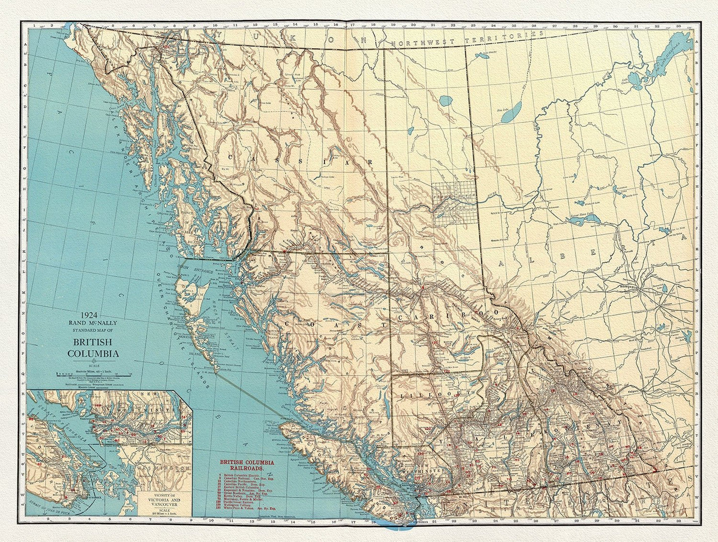 British Columbia, Commercial Atlas, Rand McNally & Company, 1924, map on heavy cotton canvas, 50 x 70cm, 20 x 25" approx. - The Map Chest