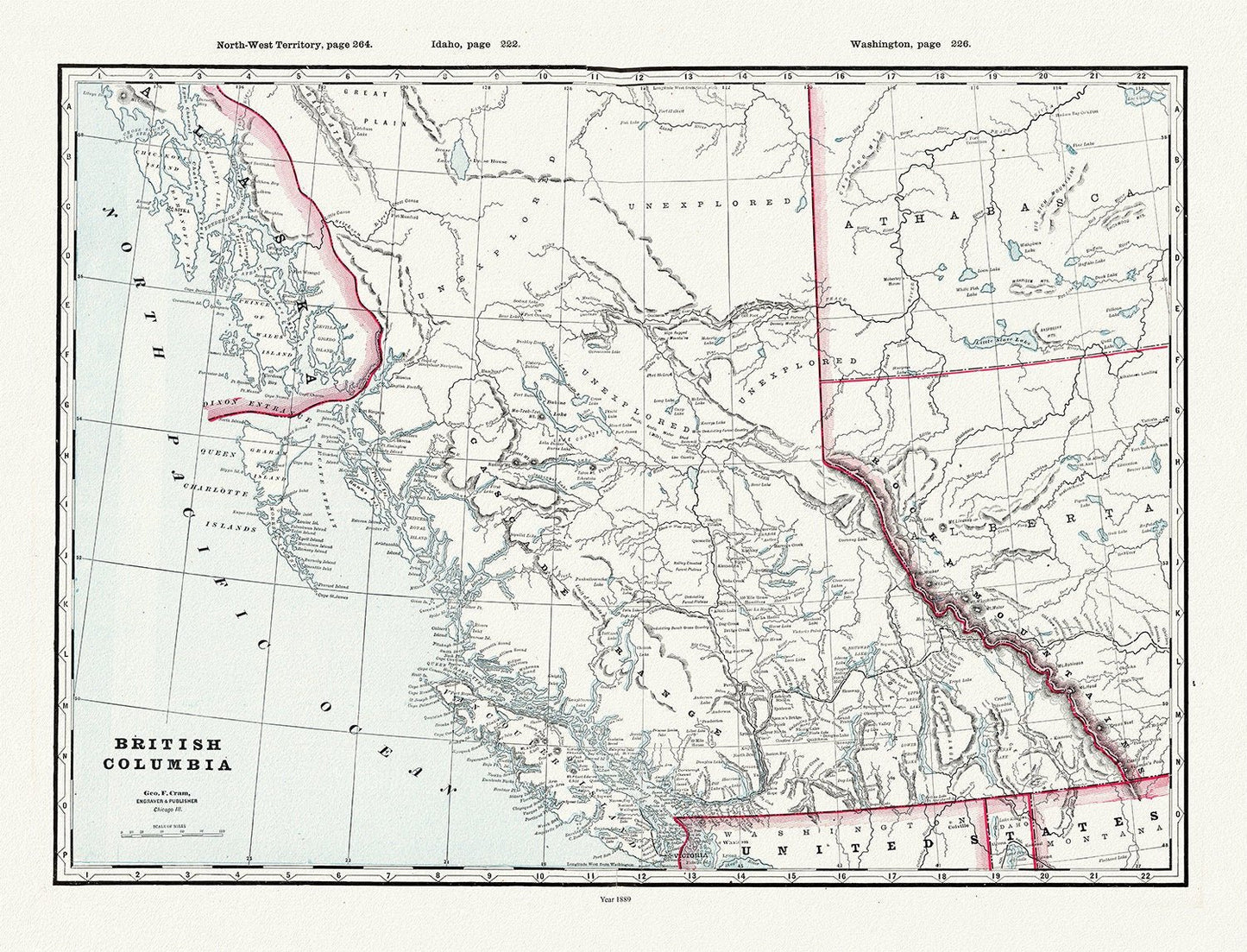 British Columbia, Cram auth., 1889, map on heavy cotton canvas, 45 x 65 cm, 18 x 24" approx. - The Map Chest
