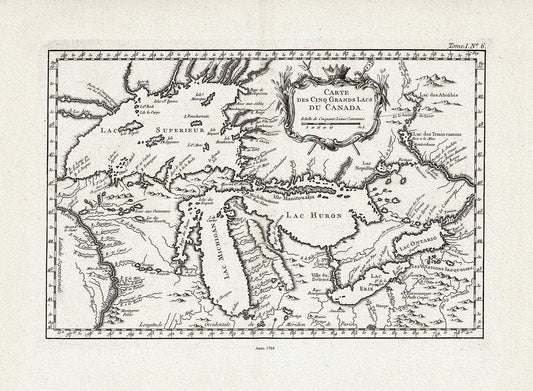 Bellin, Carte des Cinq Grande Lacs du Canada, 1764, map on heavy cotton canvas, 22x27" approx. - Image #1
