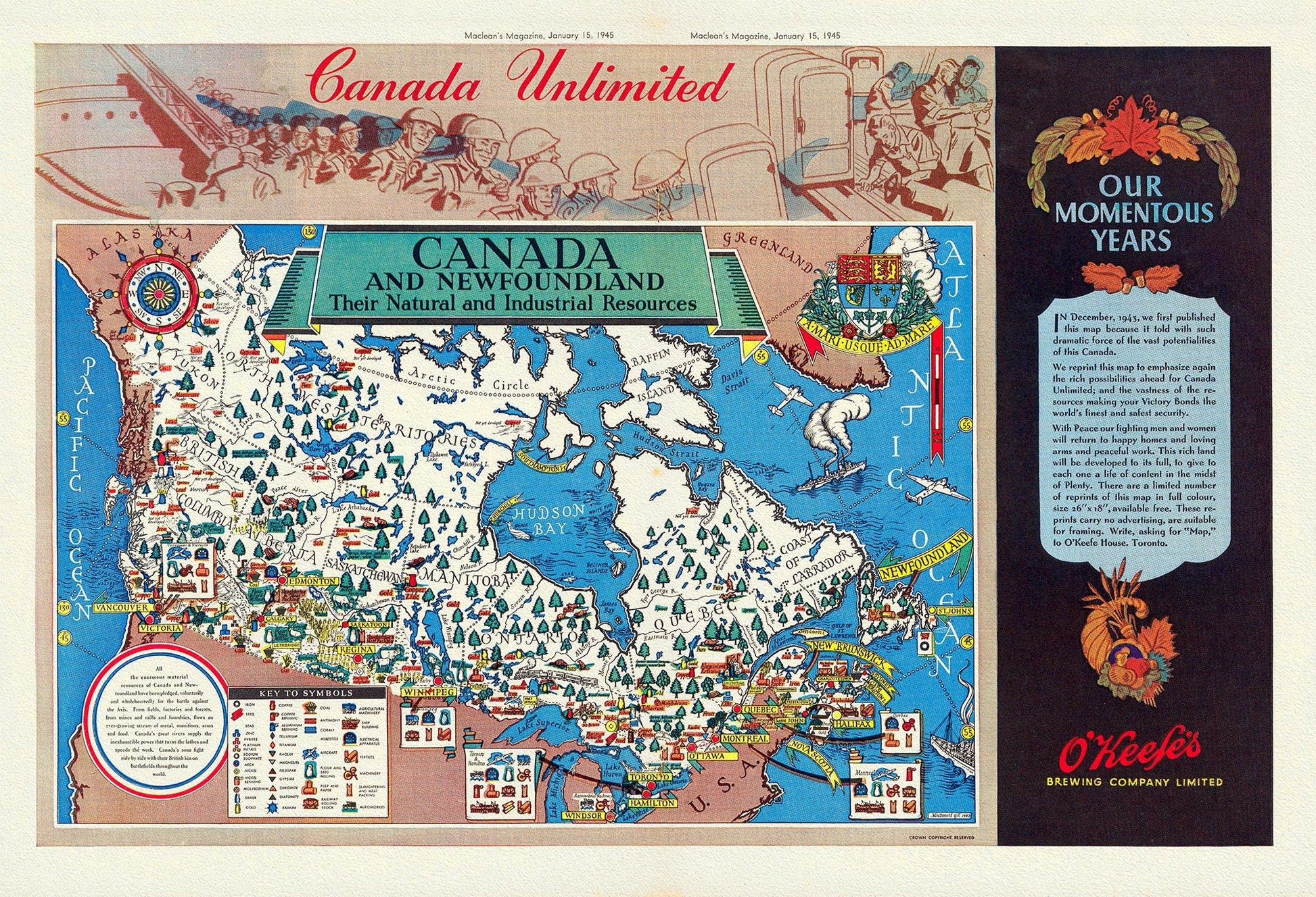 Canada and Newfoundland, Their natural and industrial resources, MacLean's Magazine, 1945, map on heavy cotton canvas, 22x27" approx. - The Map Chest
