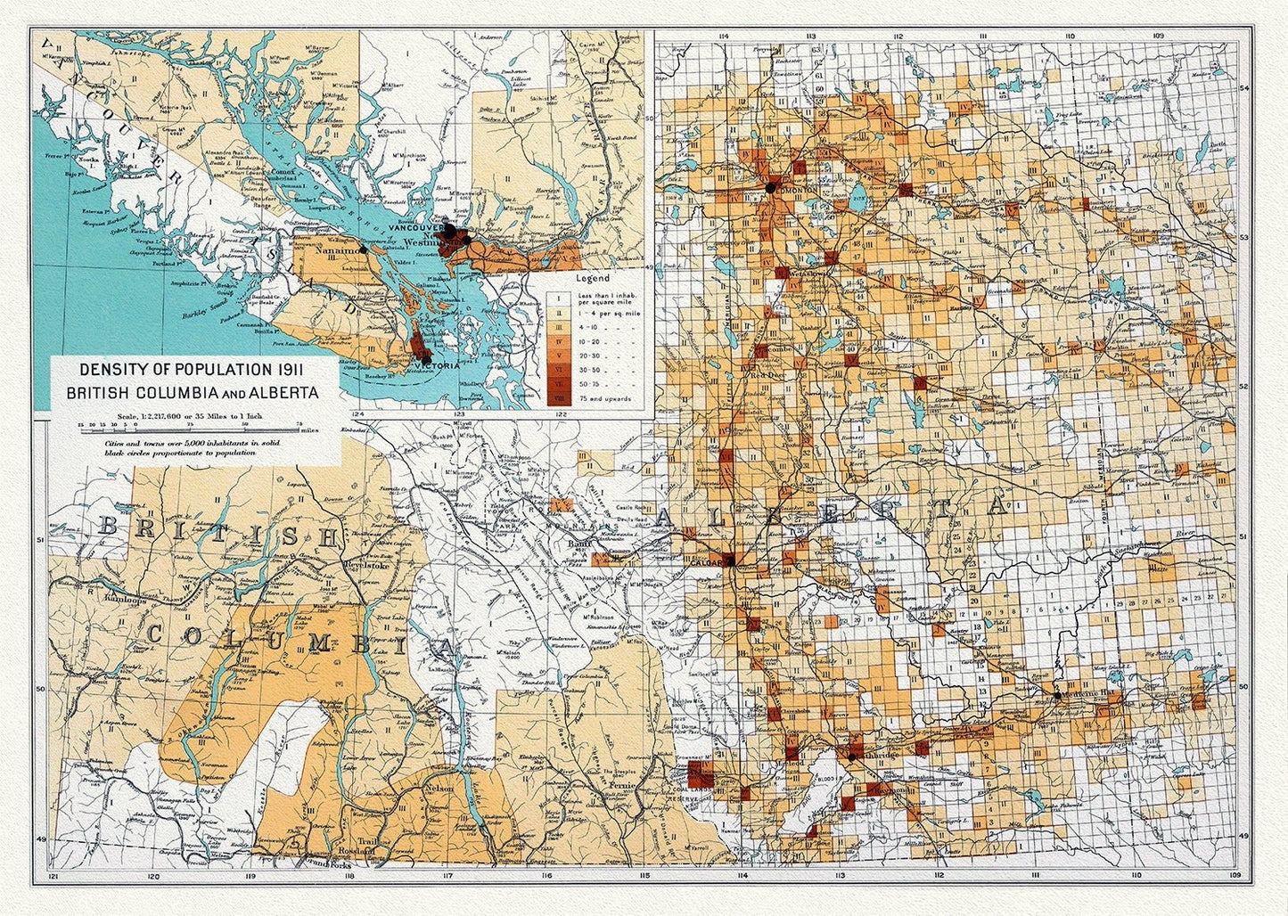 Canada Department of the Interior, Density of population 1911, British Columbia and Alberta, 1915, on heavy cotton canvas, 22x27" approx. - The Map Chest
