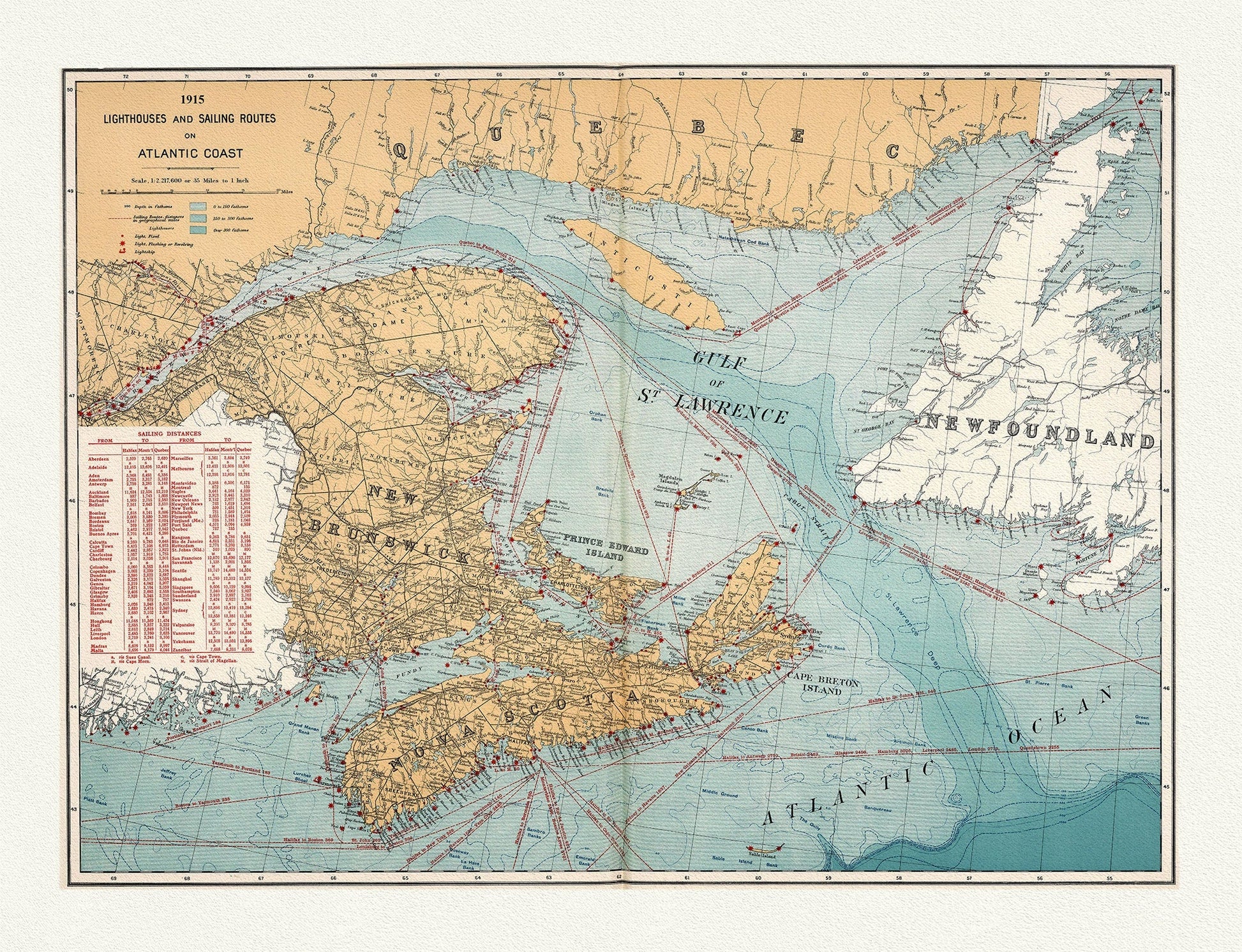 Canada Department of the Interior: Lighthouses and sailing routes on Atlantic coast, 1915 , map on heavy cotton canvas, 20 x 25" approx. - The Map Chest