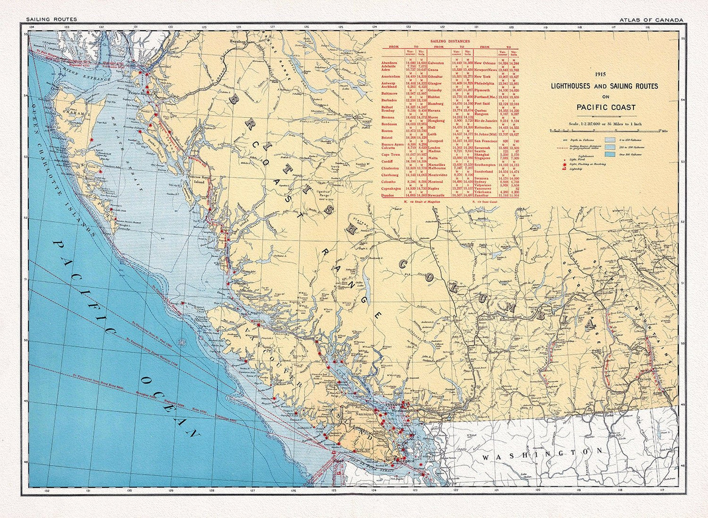Canada Department of the Interior, Lighthouses and sailing routes on Pacific Coast, 1915, map on heavy cotton canvas, 22x27" approx. - The Map Chest