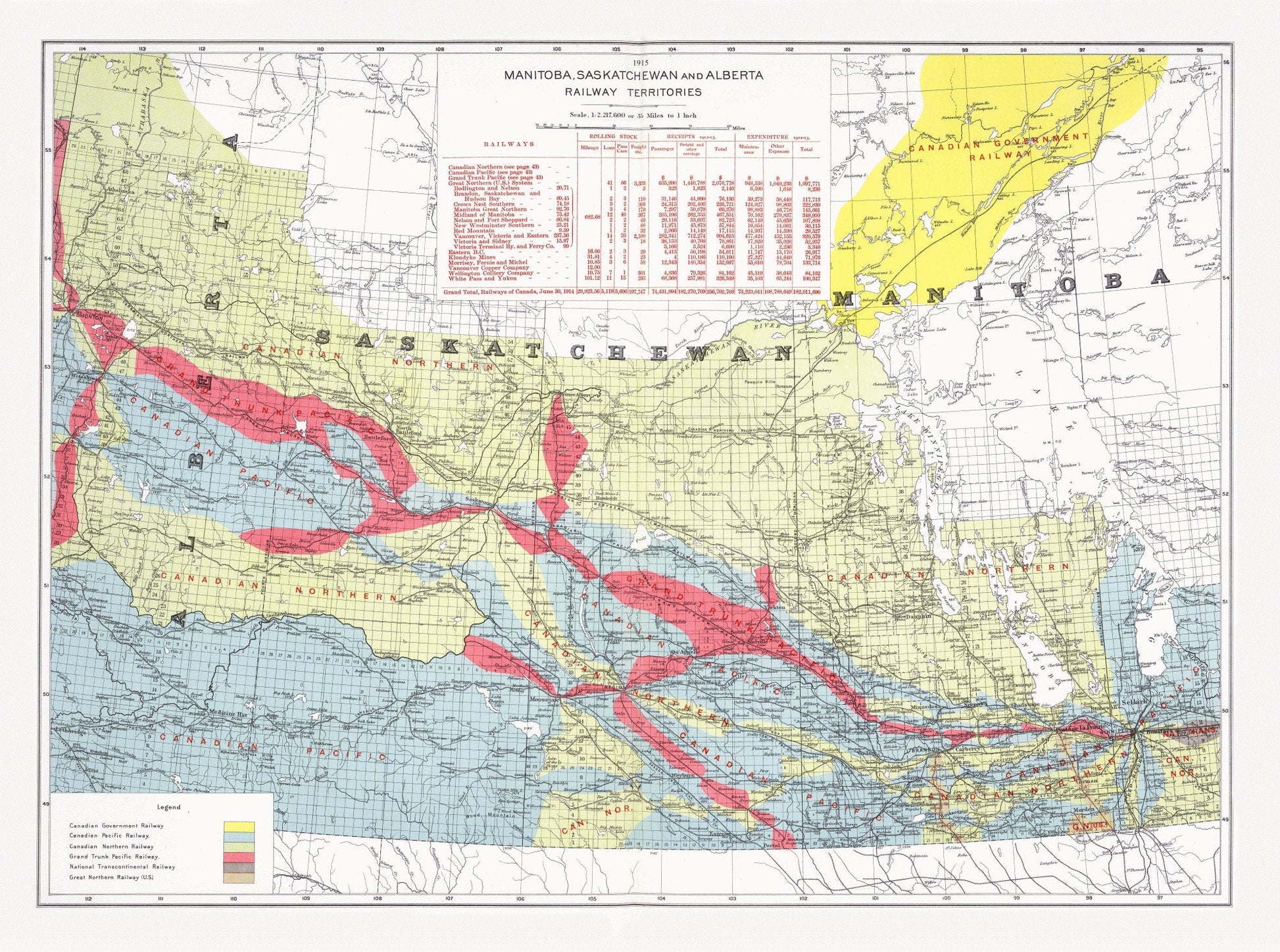 Canada Department of the Interior, Manitoba, Saskatchewan and Alberta railway territories, 1915, map on heavy cotton canvas, 22x27" approx. - The Map Chest