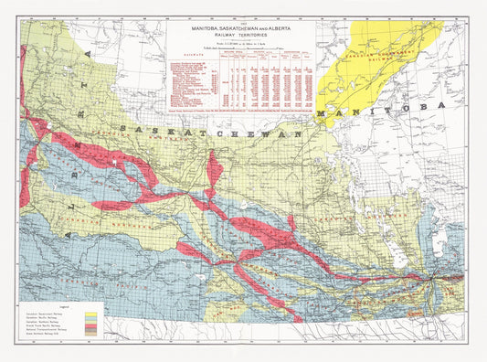 Canada Department of the Interior, Manitoba, Saskatchewan and Alberta railway territories, 1915, map on heavy cotton canvas, 22x27" approx. - The Map Chest