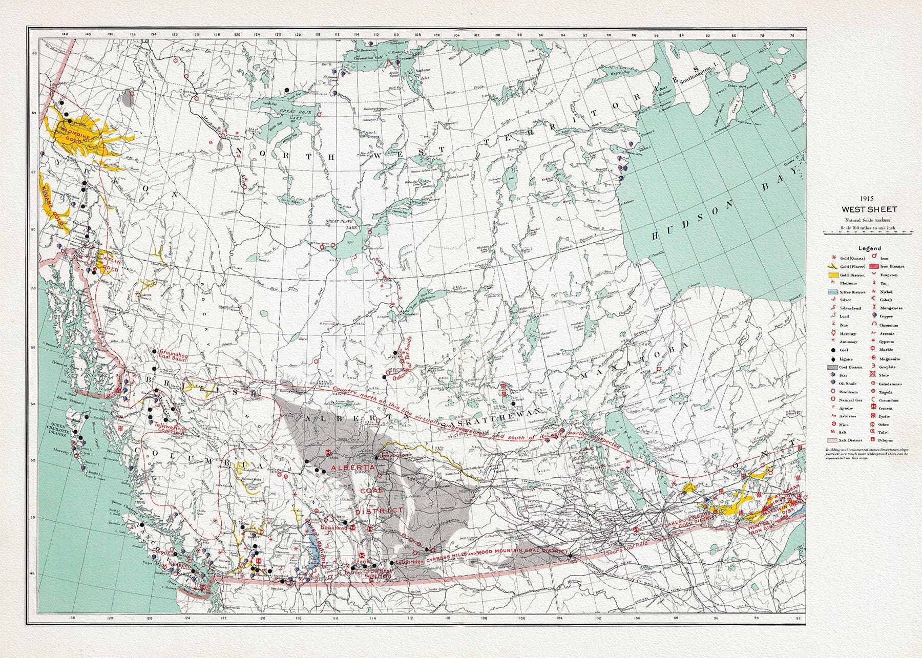 Canada Department of the Interior, West sheet. Mineral map of the Dominion of Canada, 1915, map on heavy cotton canvas, 22x27" approx. - The Map Chest