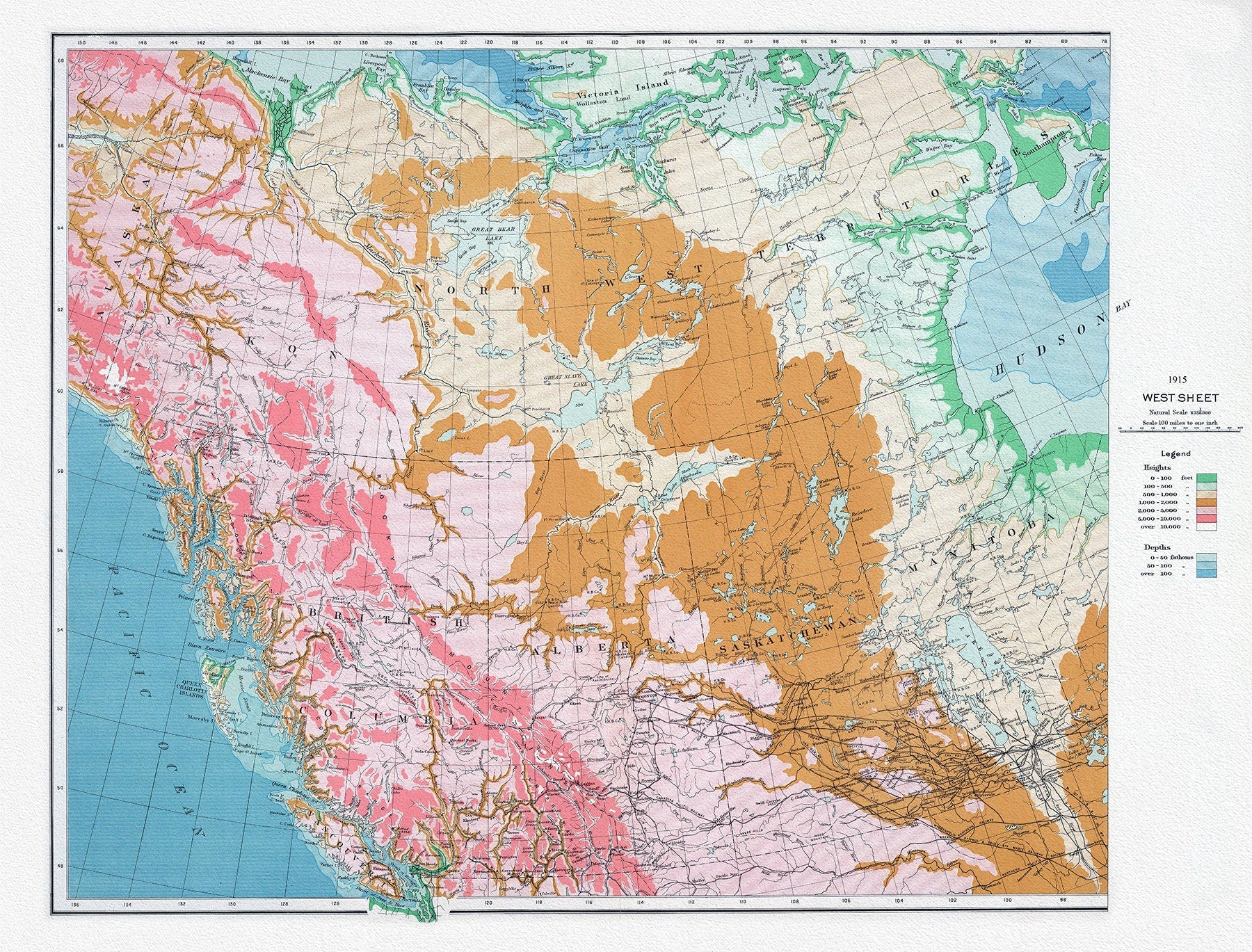 Canada Department of the Interior, West sheet, Physical map of the Dominion of Canada, 1915 , map on heavy cotton canvas, 22x27" approx. - The Map Chest