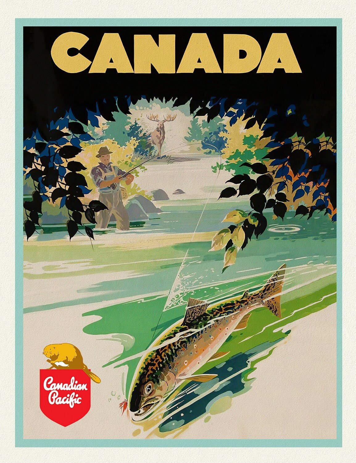 Canada, Fishing, Canadian Pacific, travel poster on heavy cotton canvas, 50 x 70 cm, 20 x 25" approx. - The Map Chest