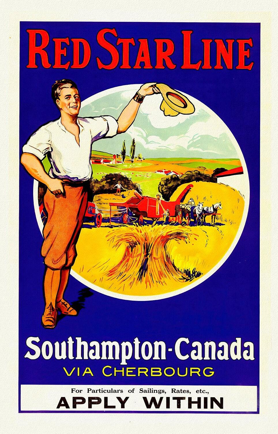 Canada from Southampton, Red Star Line , vintage travel poster reprinted on heavy cotton canvas, 50 x 70 cm, 20 x 25" approx. - The Map Chest