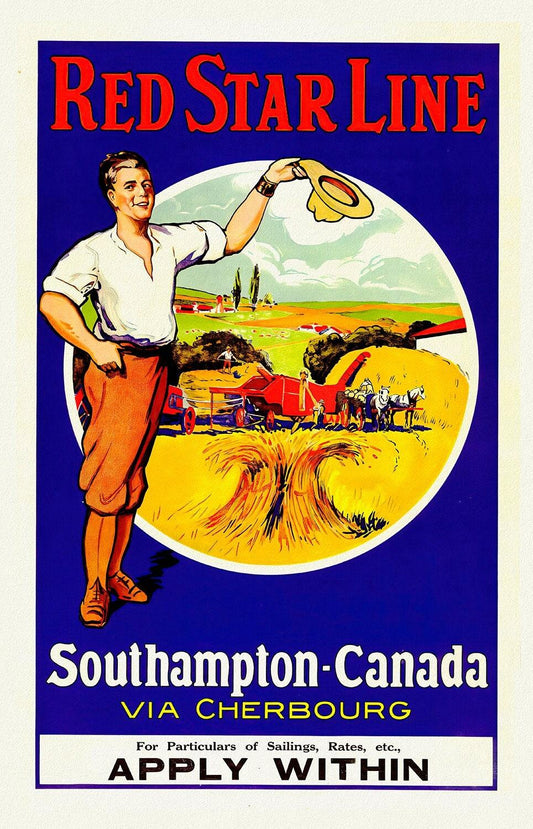Canada from Southampton, Red Star Line , vintage travel poster reprinted on heavy cotton canvas, 50 x 70 cm, 20 x 25" approx. - The Map Chest